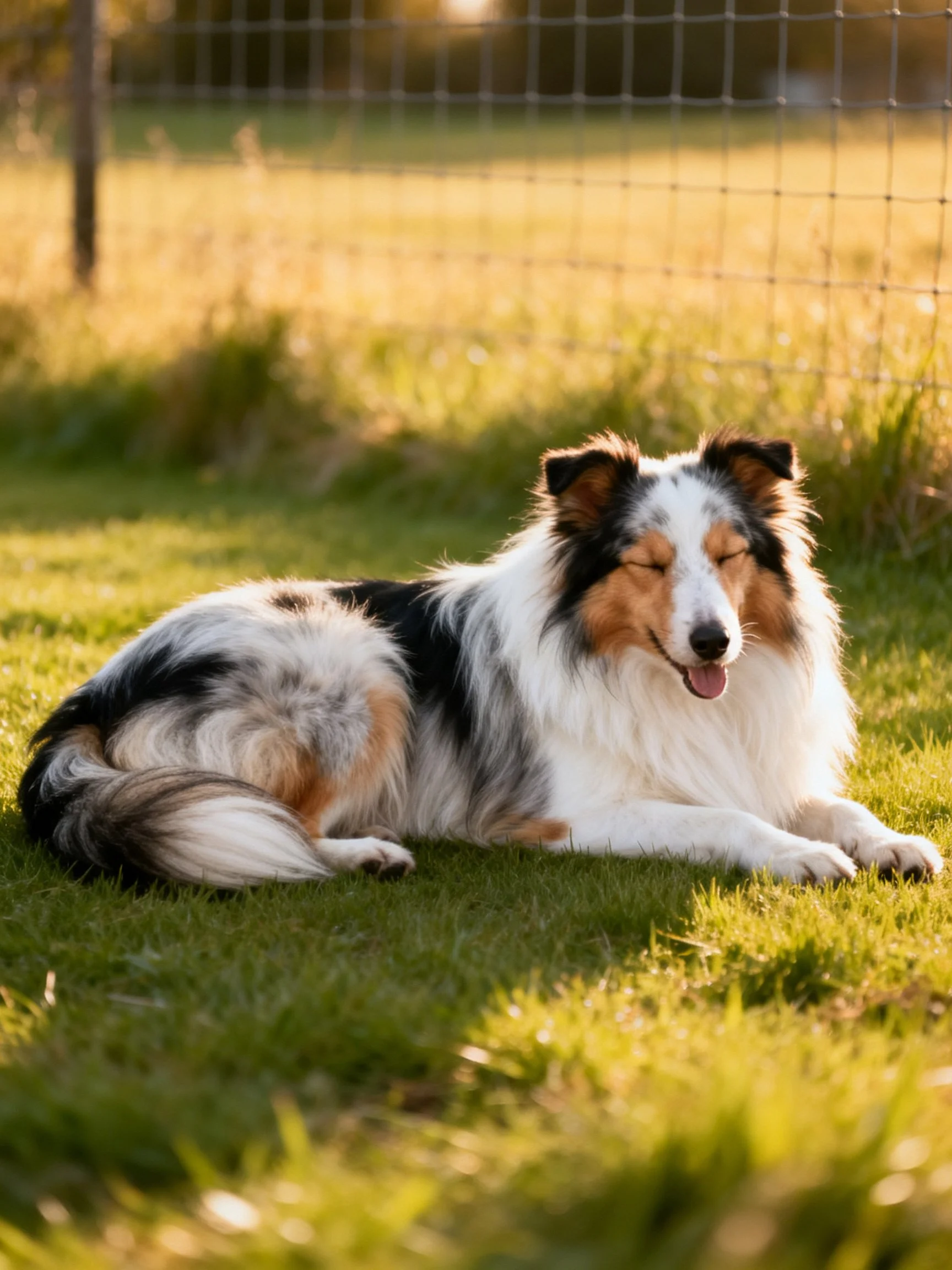 A tricolor Sheltie rests contentedly on sunlit grass near a wire fence