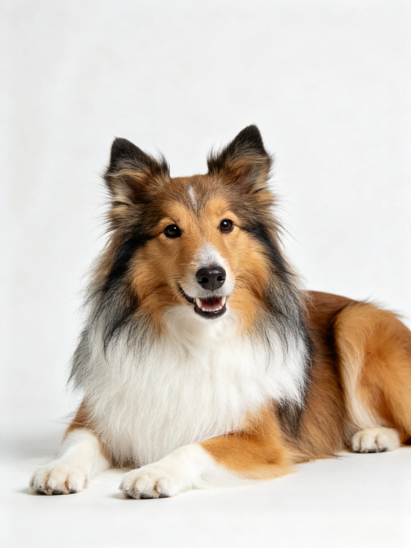 A tricolor Sheltie rests on a white backdrop