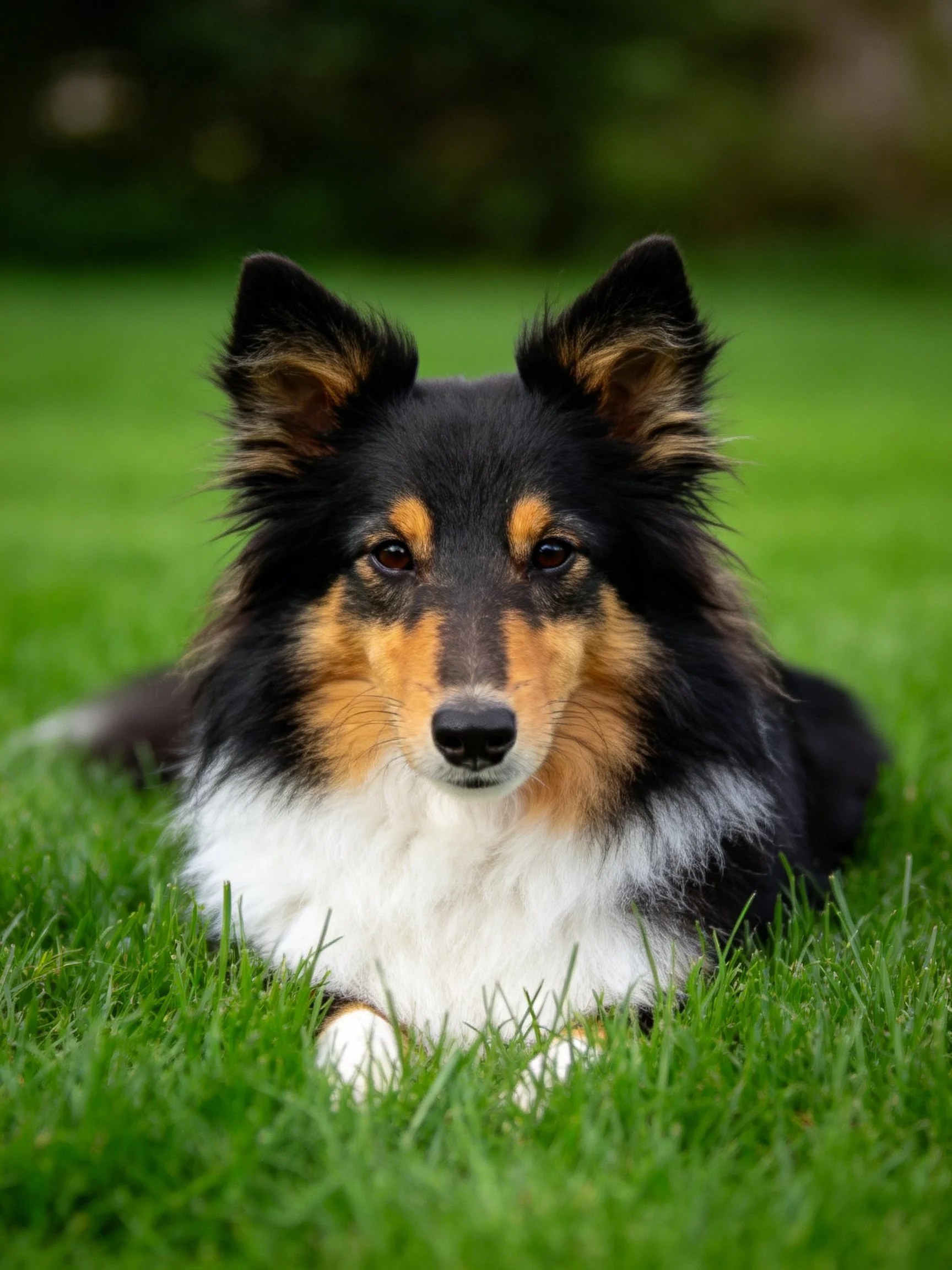 A tricolor Sheltie rests on lush green grass