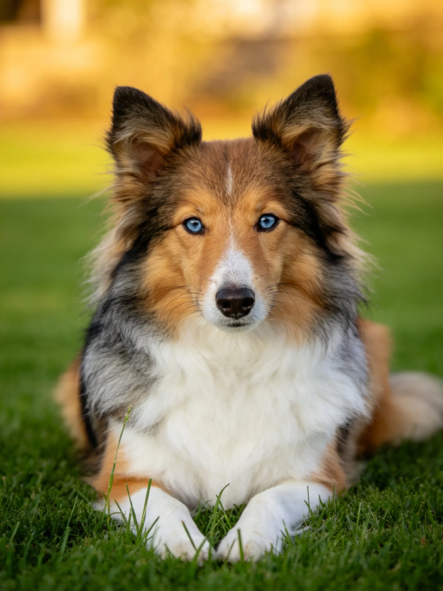 A tricolor Sheltie rests on lush green grass