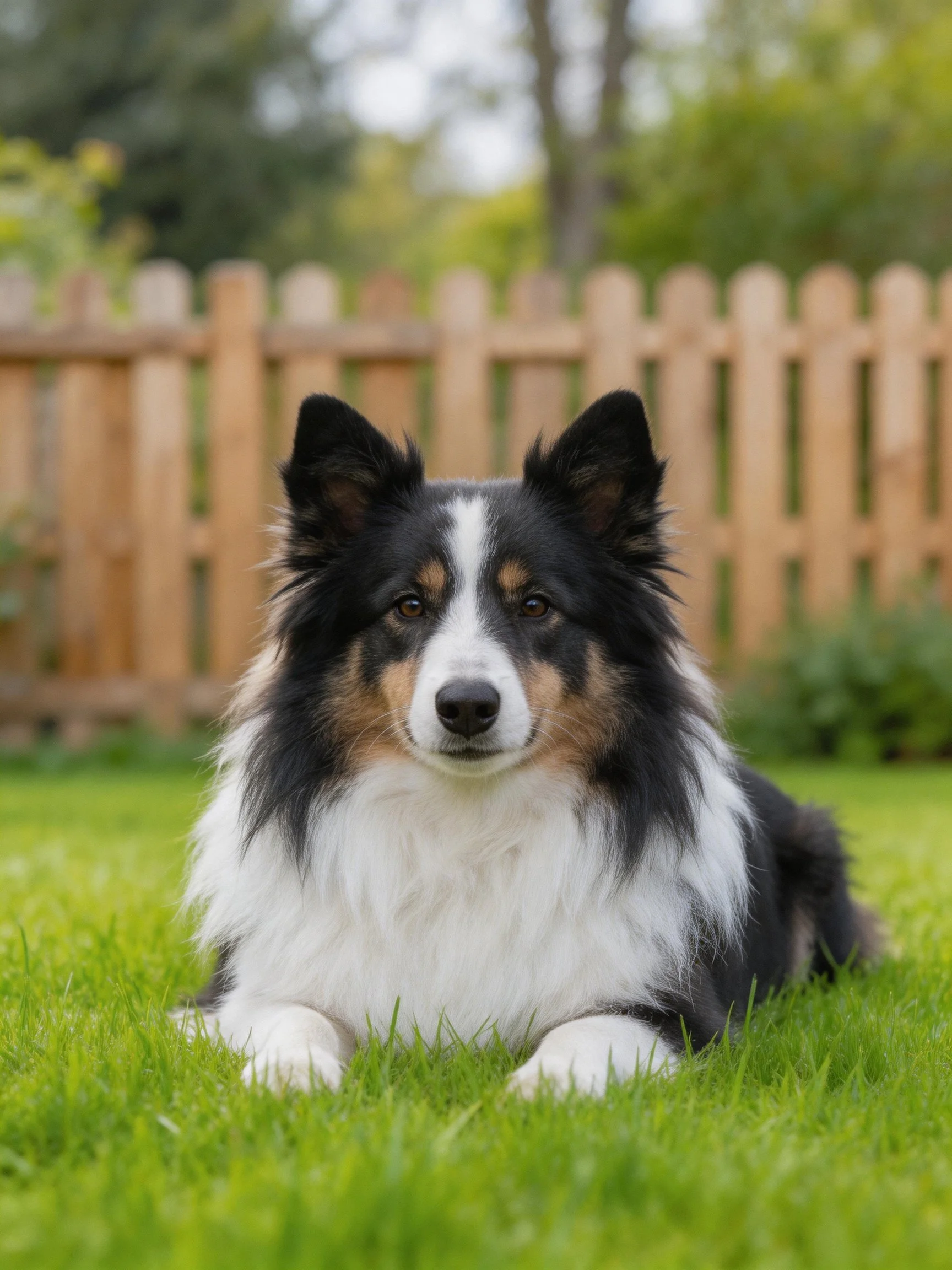 A tricolor Sheltie rests on lush green grass near a wooden picket fence