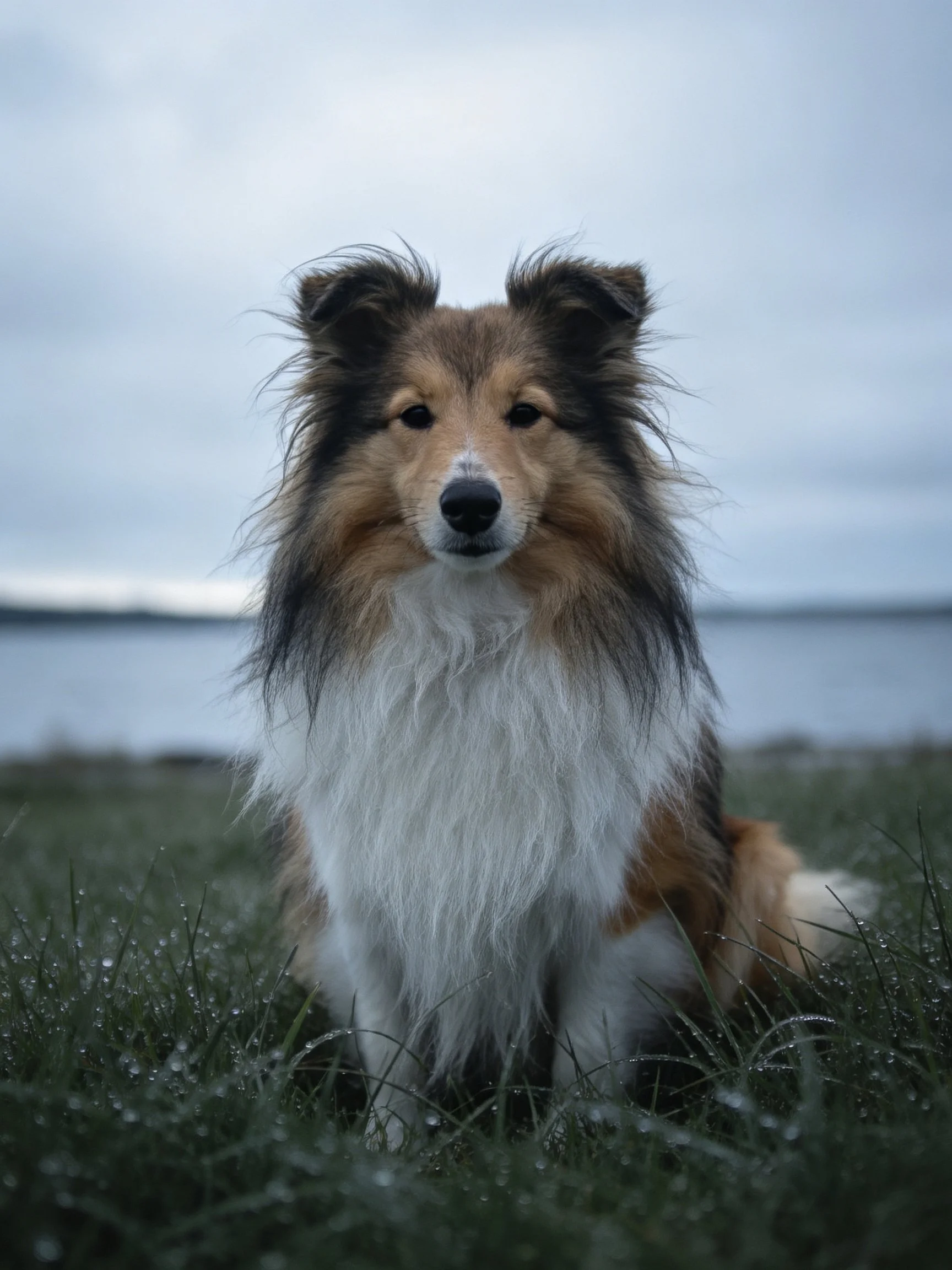 A tricolor Sheltie sits calmly in dewy grass near a body of water.