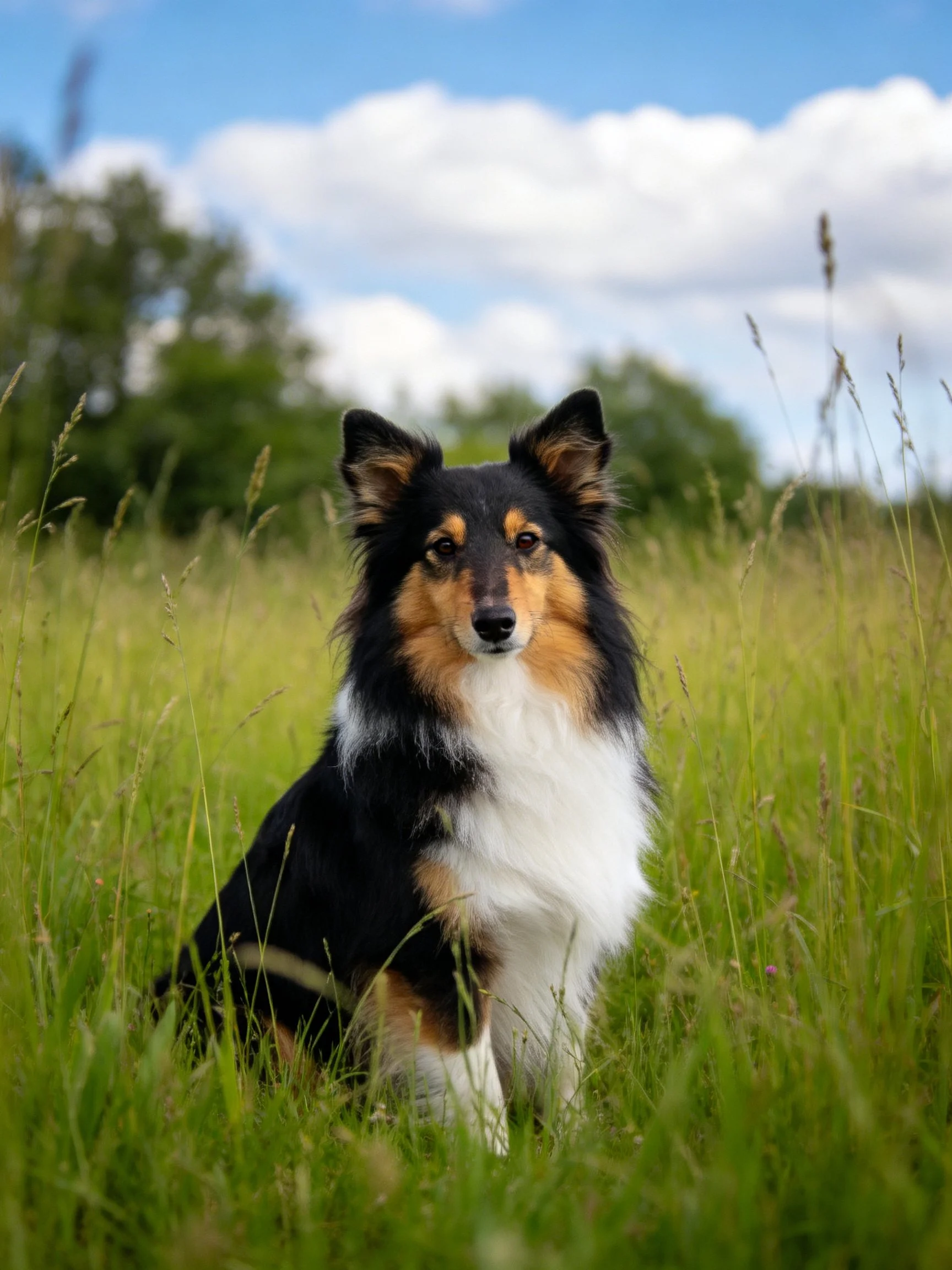 A tricolor Sheltie sits in tall green grass beneath a bright blue sky