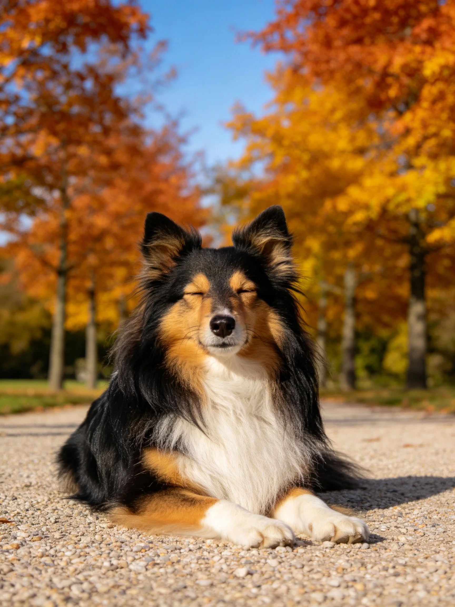 A tricolor Sheltie rests calmly among autumn trees with colorful leaves.
