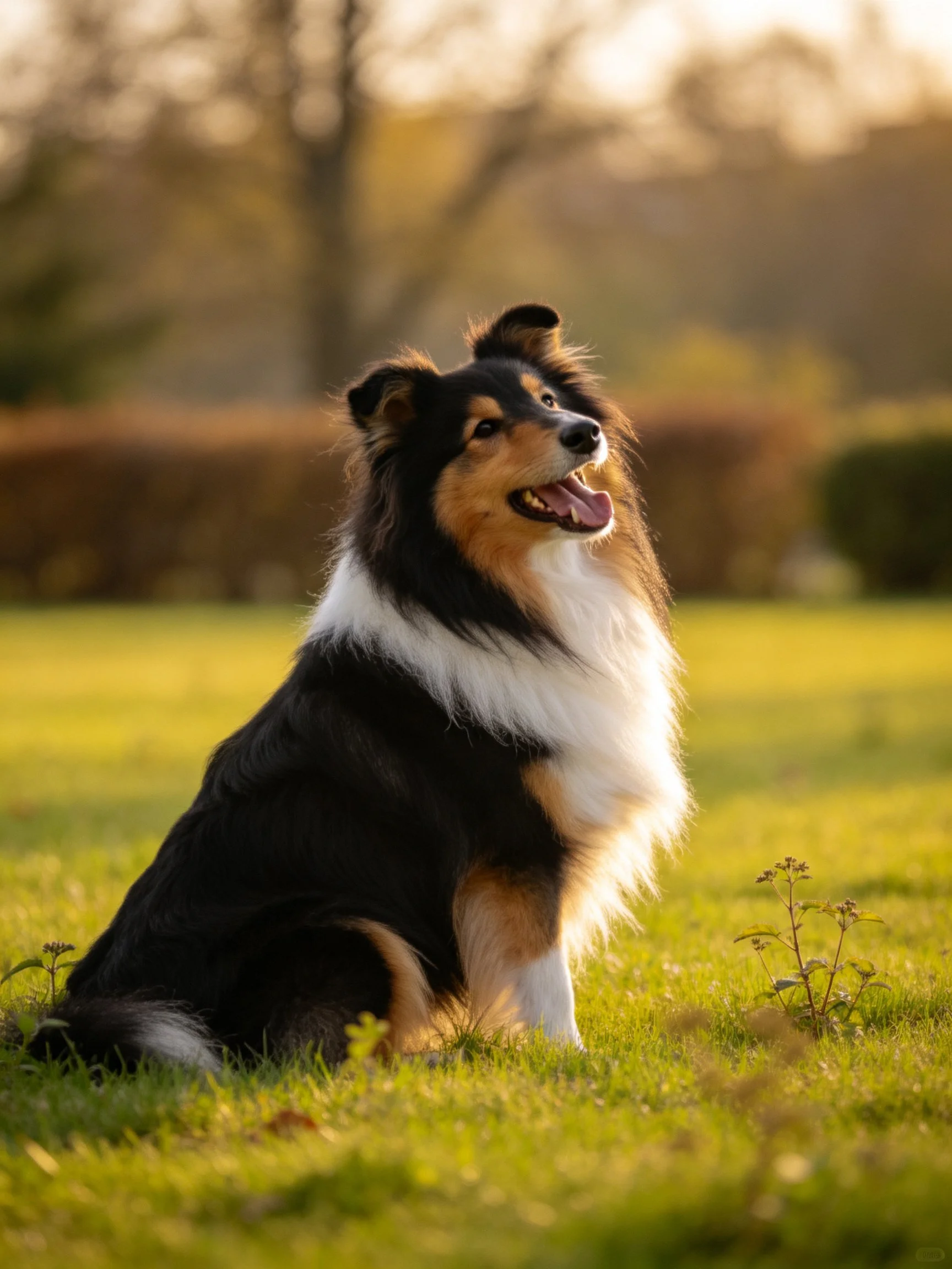 A tricolor Sheltie sits on sunlit grass with blurred trees behind
