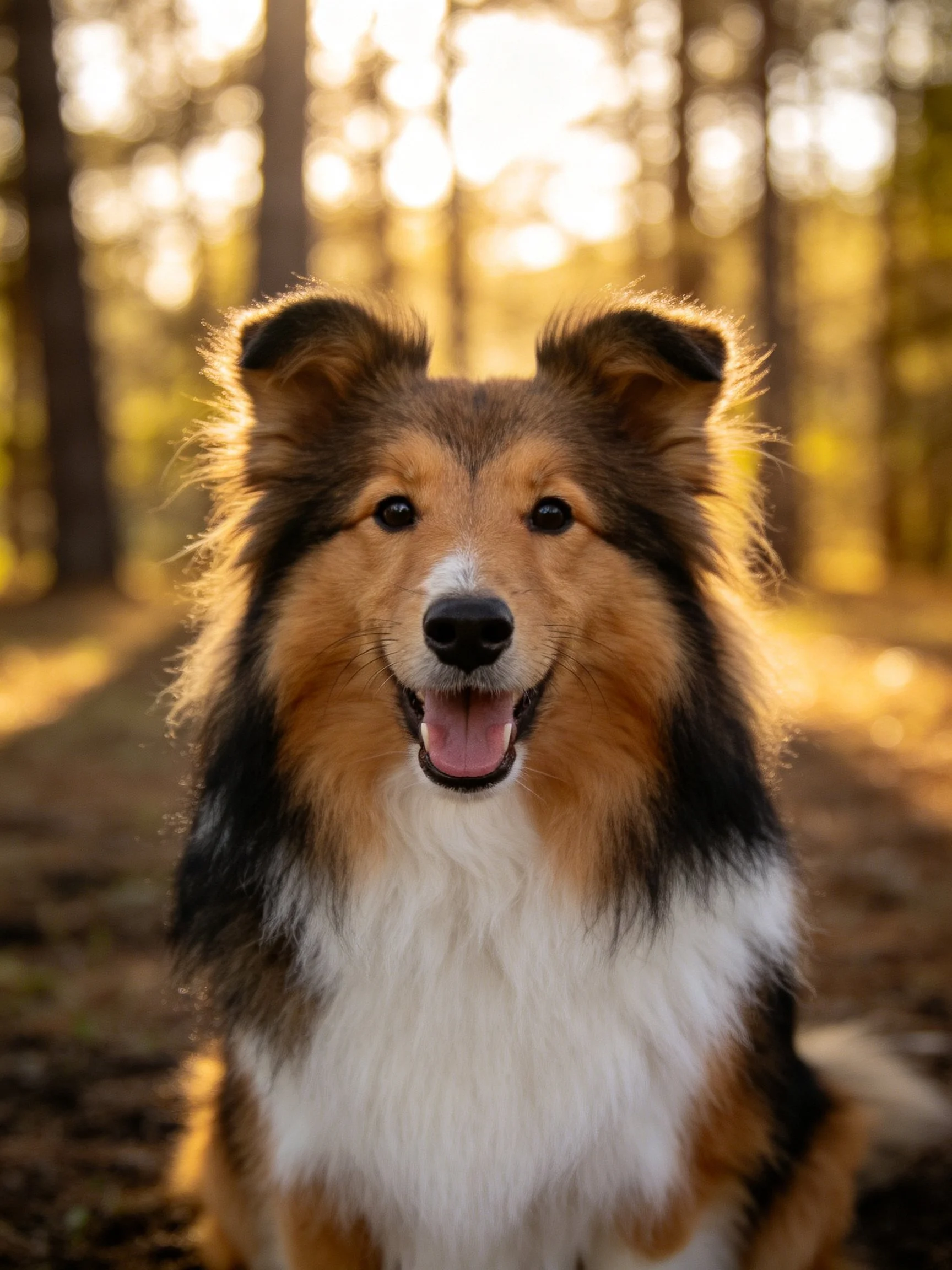 A tricolor Sheltie smiles in a sunlit forest