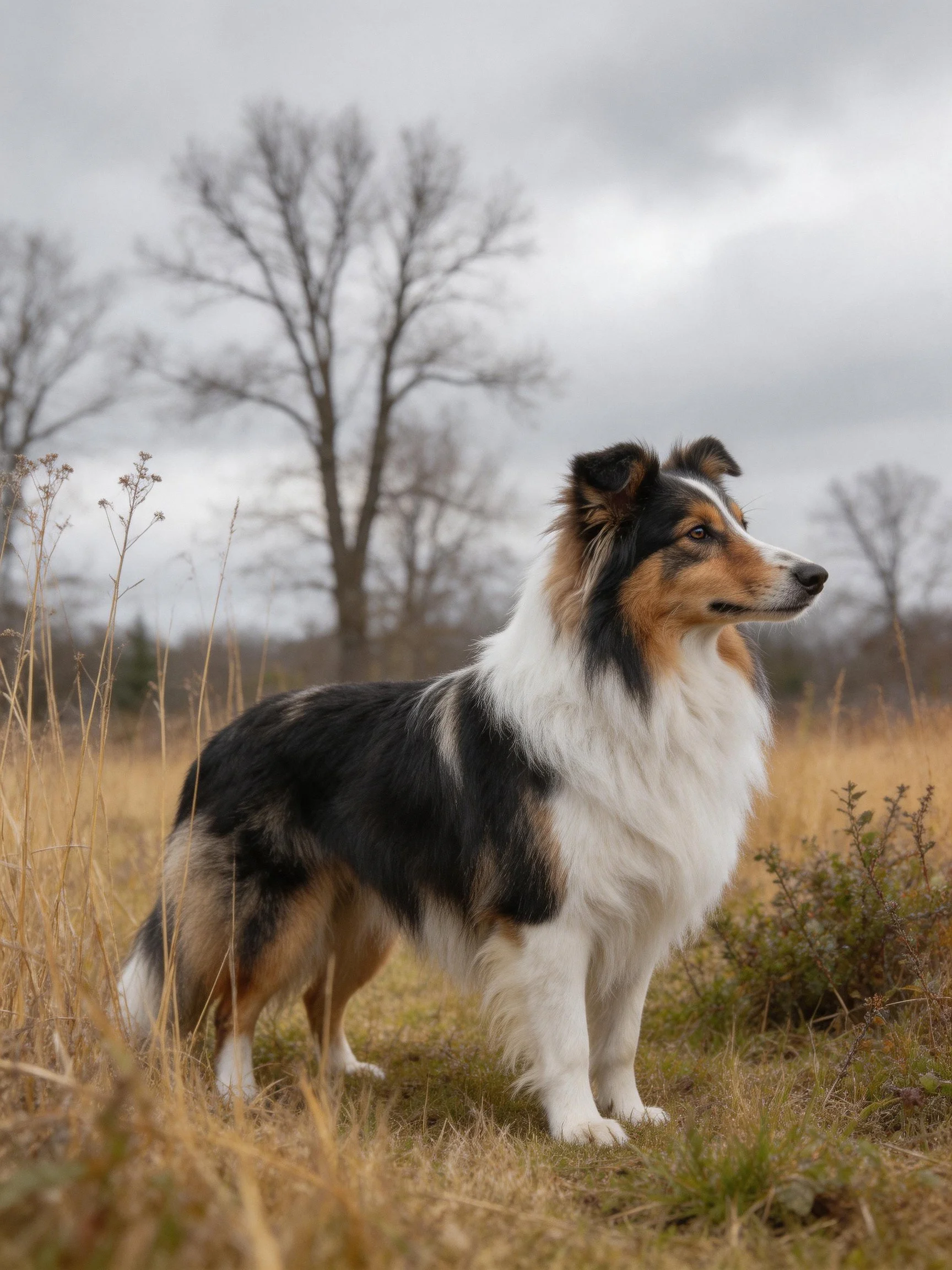 A tricolor Sheltie stands alert in an autumnal field with bare trees