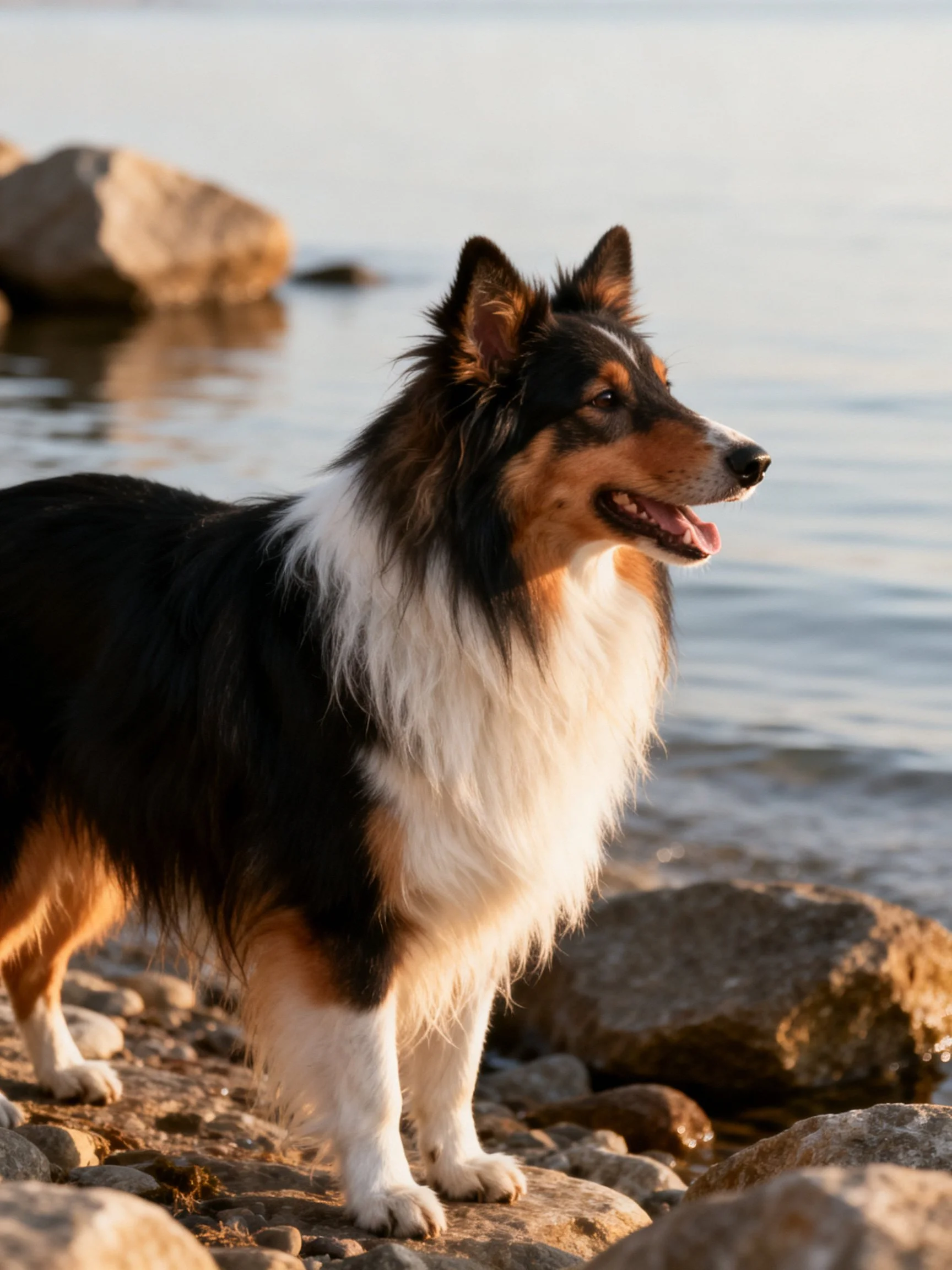 A tricolor Sheltie stands by rocky shoreline with calm water