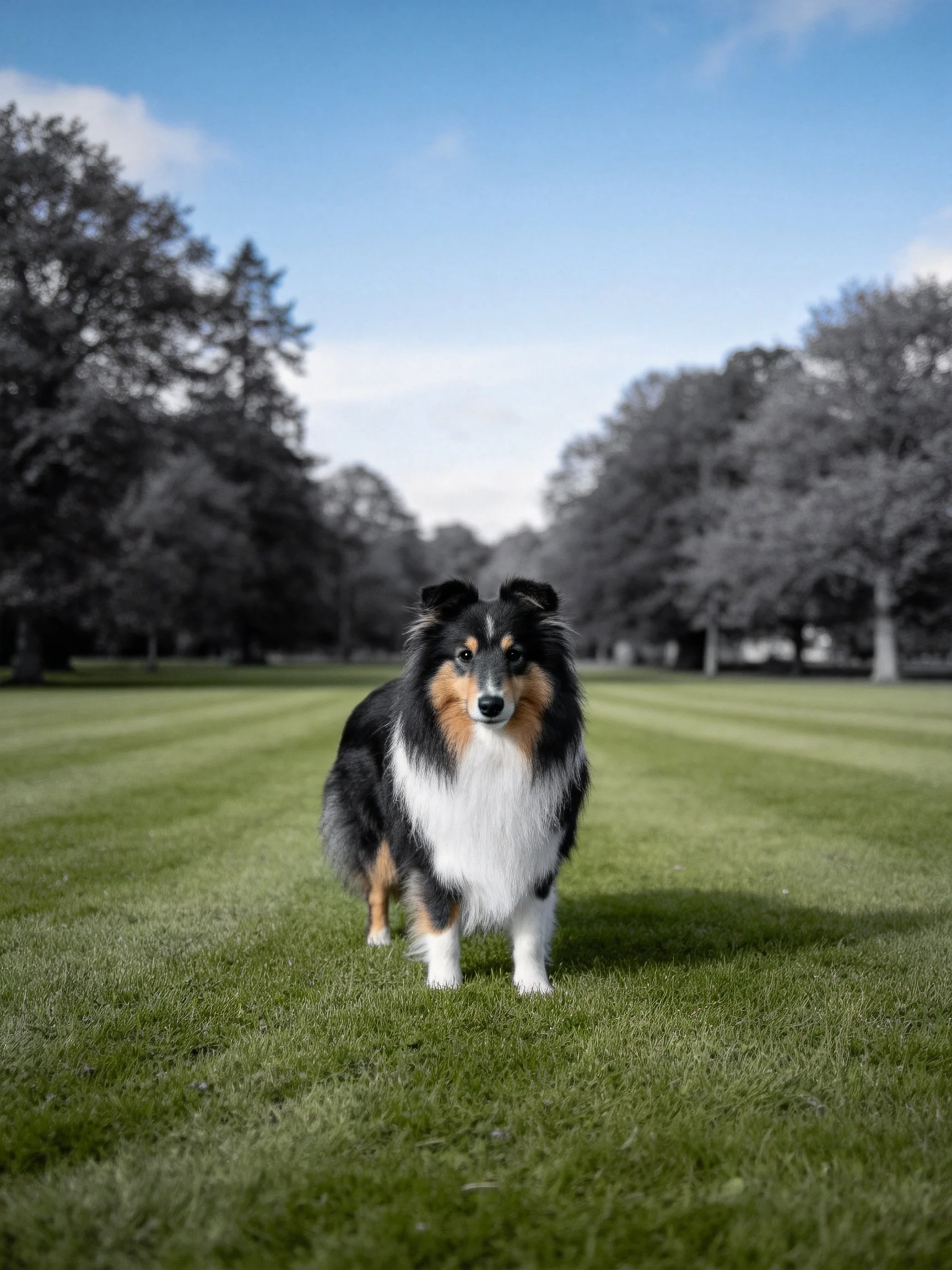 A tricolor Sheltie stands on a green lawn with trees in the background.