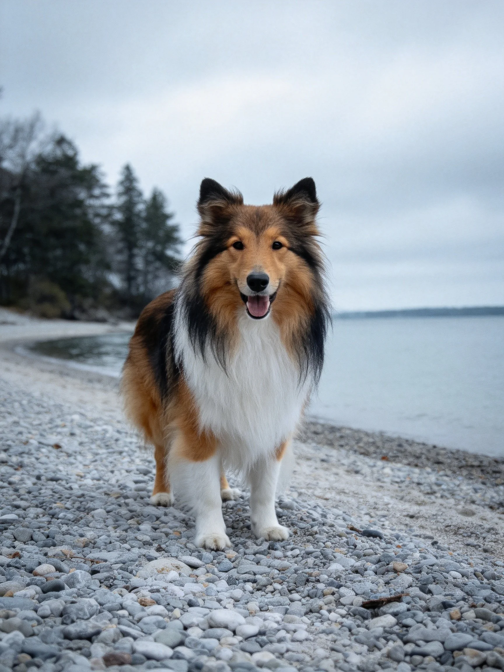 A tricolor Sheltie stands on a pebbly shoreline near calm waters