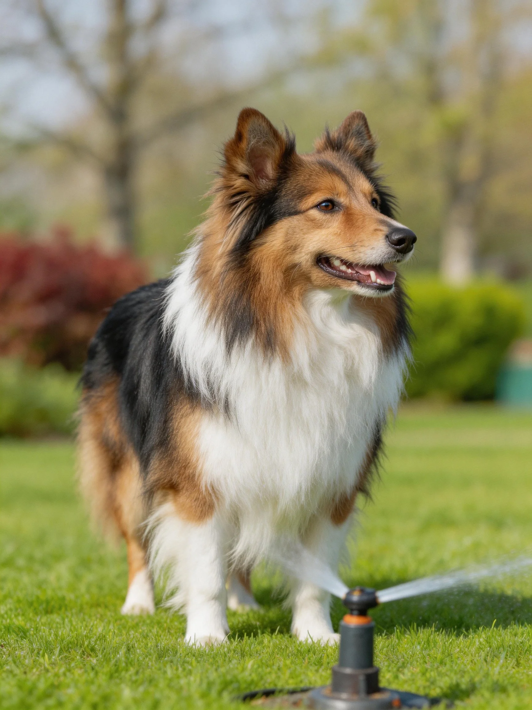 A tricolor Sheltie stands on green grass beside a sprinkling device in a sunny outdoor setting.