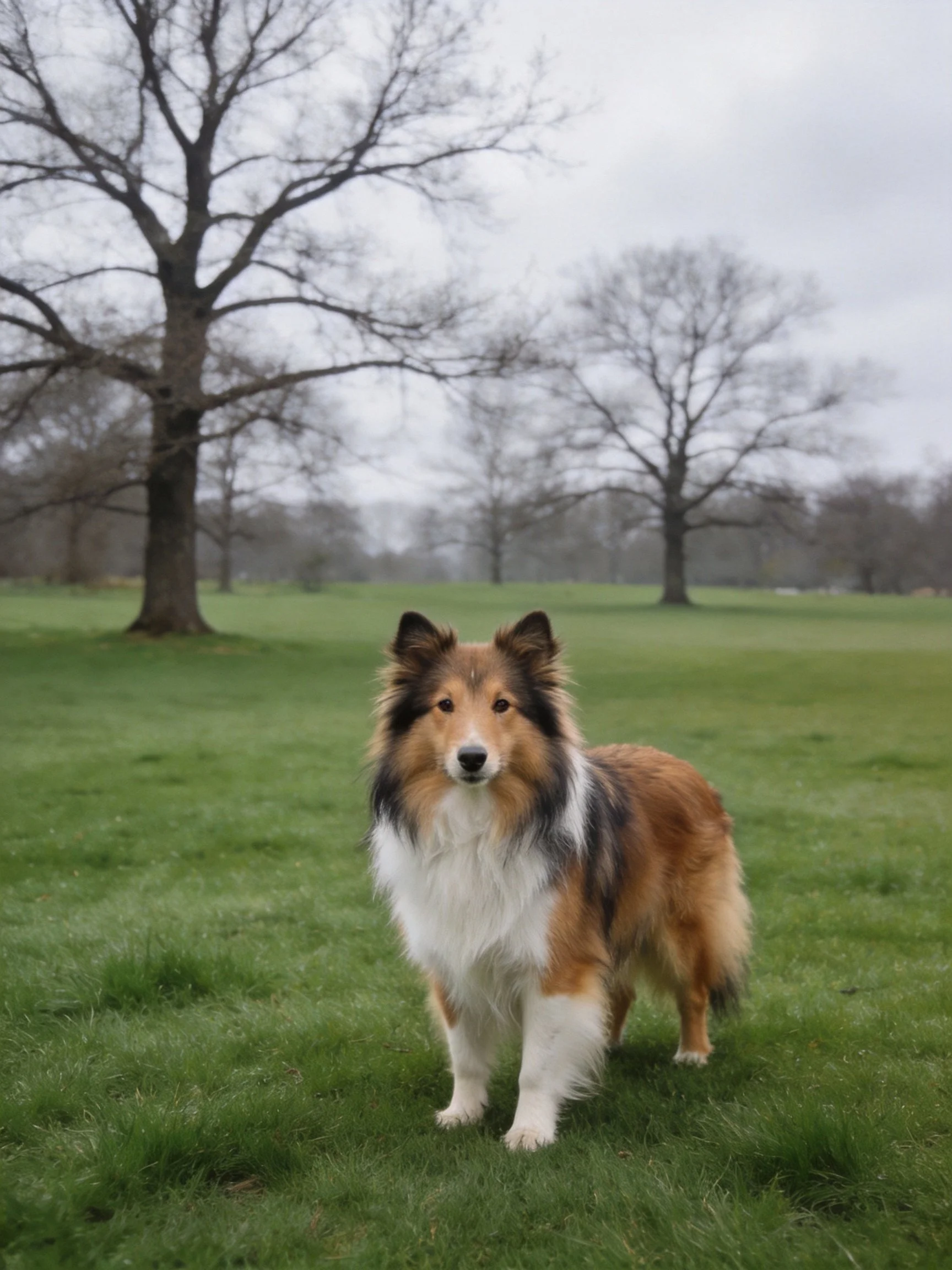 A tricolor Sheltie stands on a grassy field with leafless trees in the background.