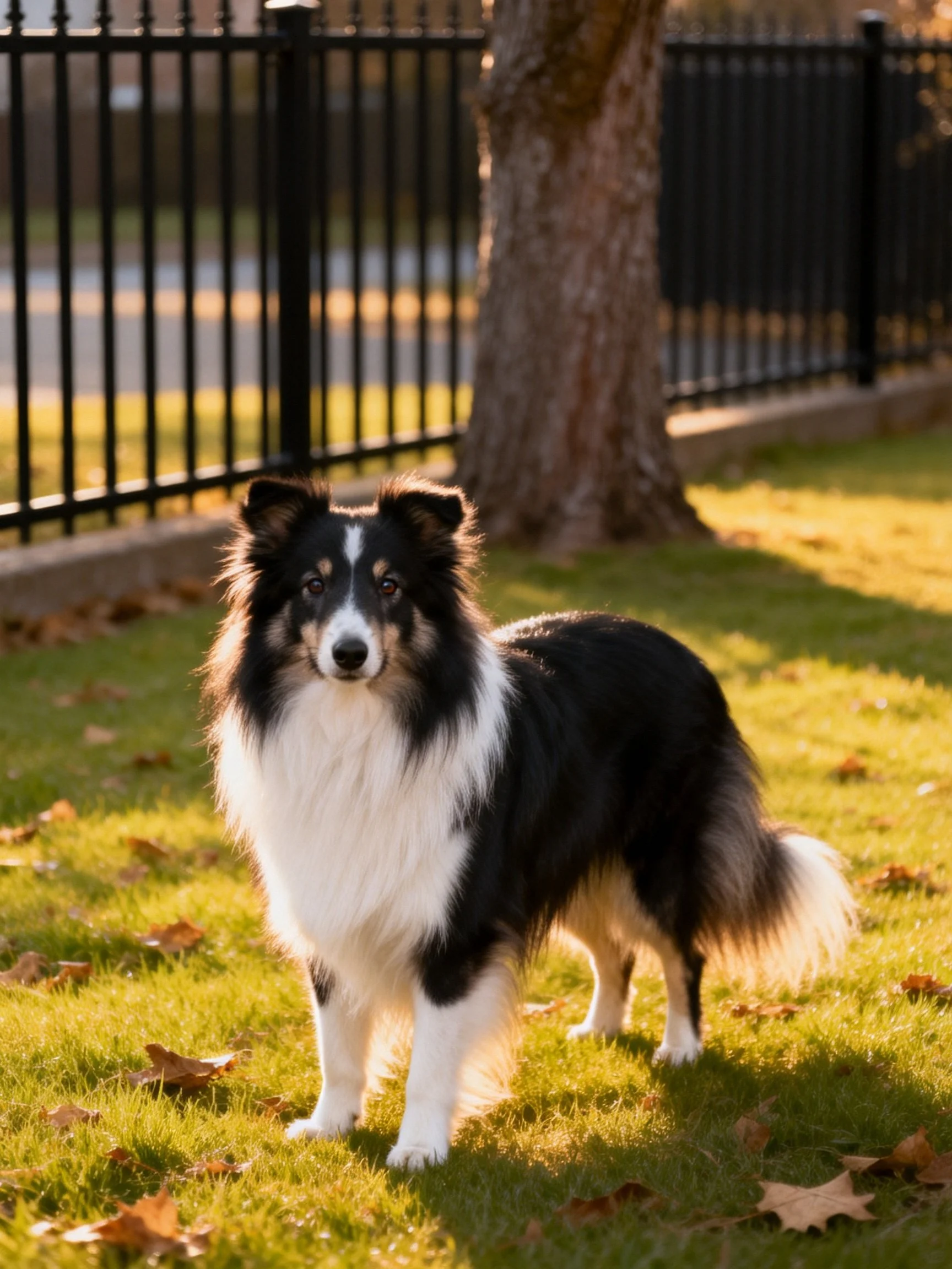 A tricolor Sheltie stands on sunlit grass near a tree and fence