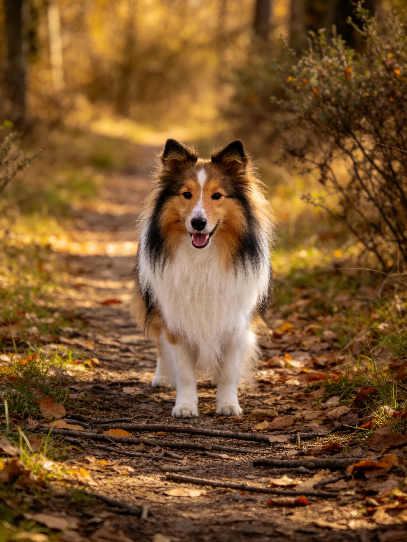 A tricolor Sheltie stands on a leaf-covered forest path in autumn.
