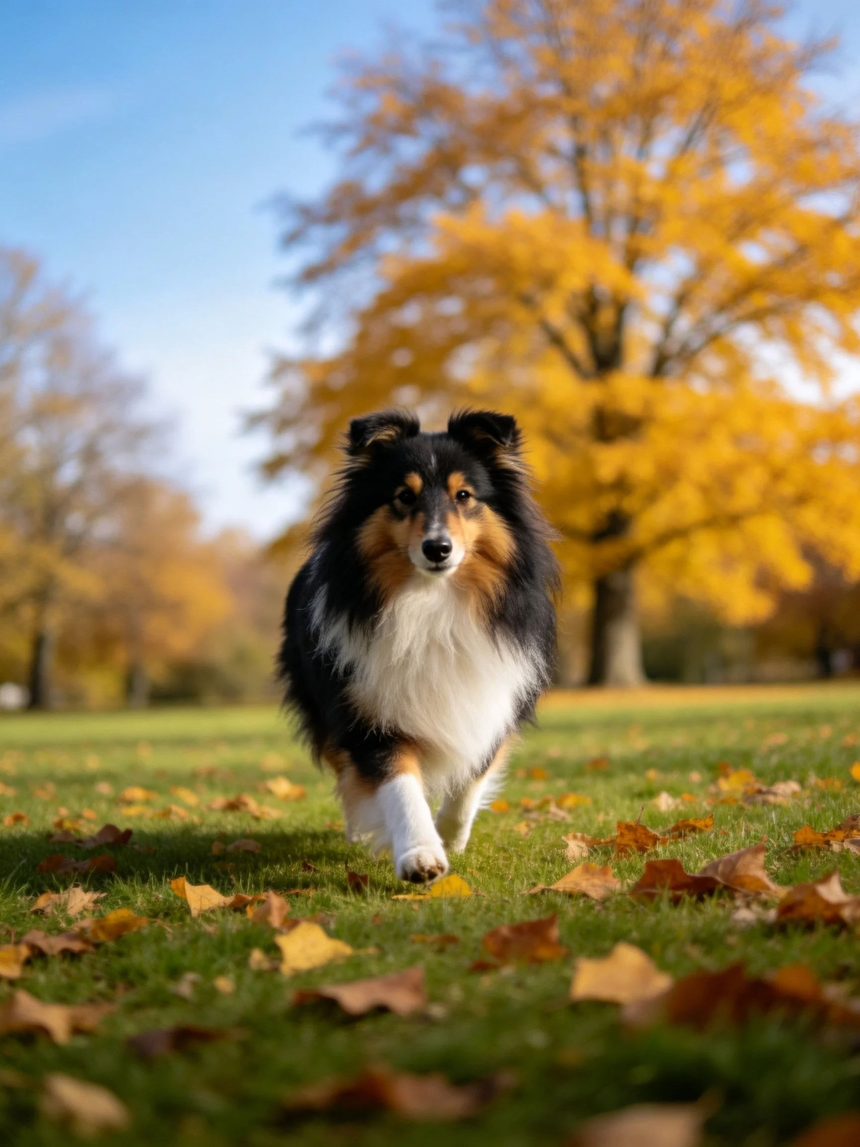 A tricolor Sheltie moves through a grassy area with autumn leaves and golden trees.