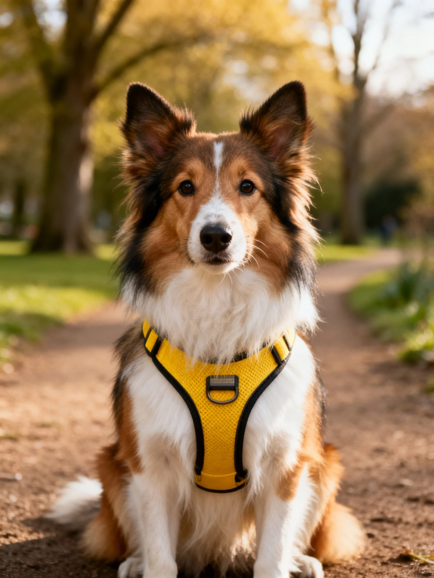 A tricolor Sheltie wearing a bright yellow harness sits on a sunlit park path