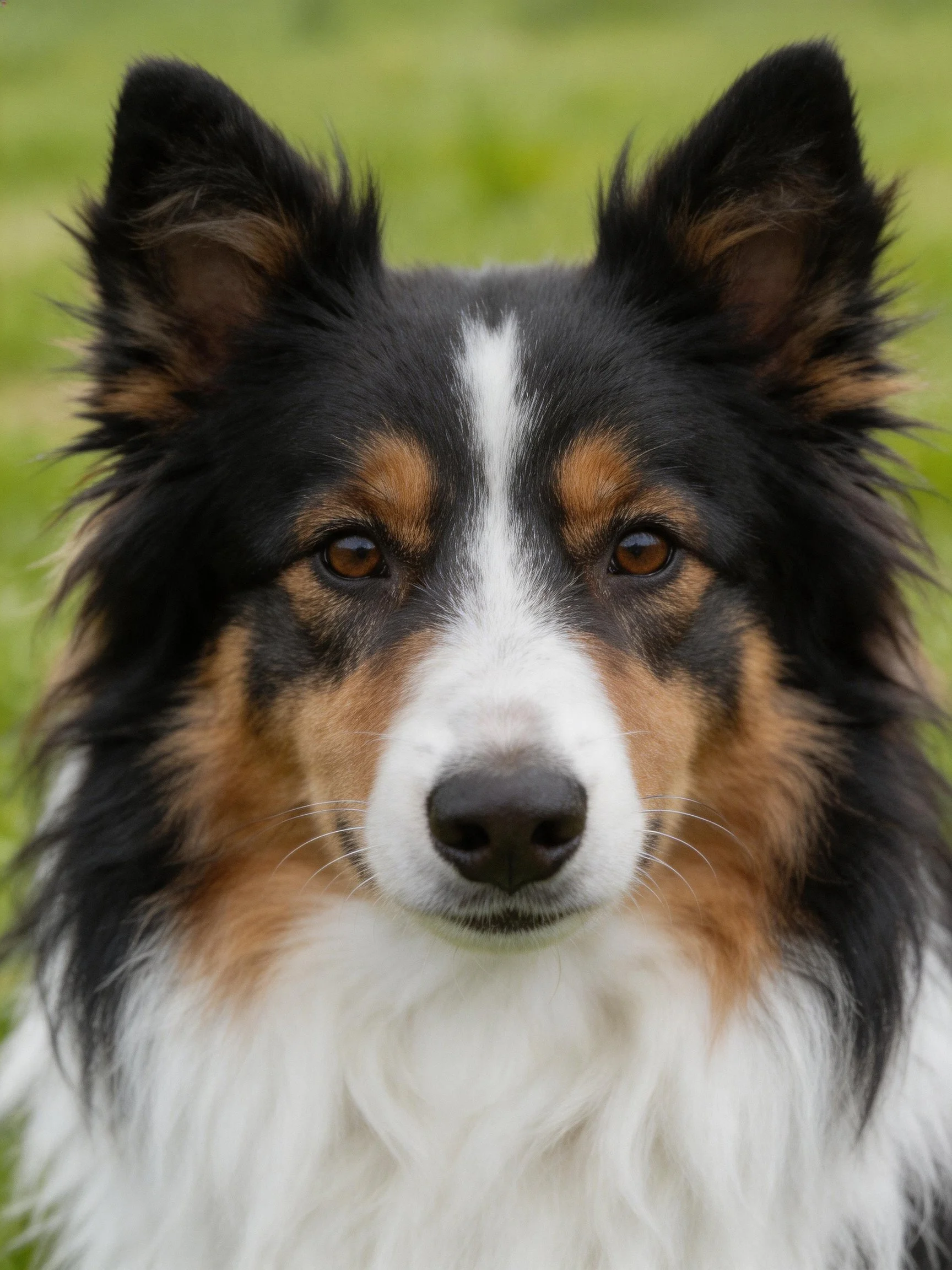 A tricolor Sheltie with black, tan, and white fur