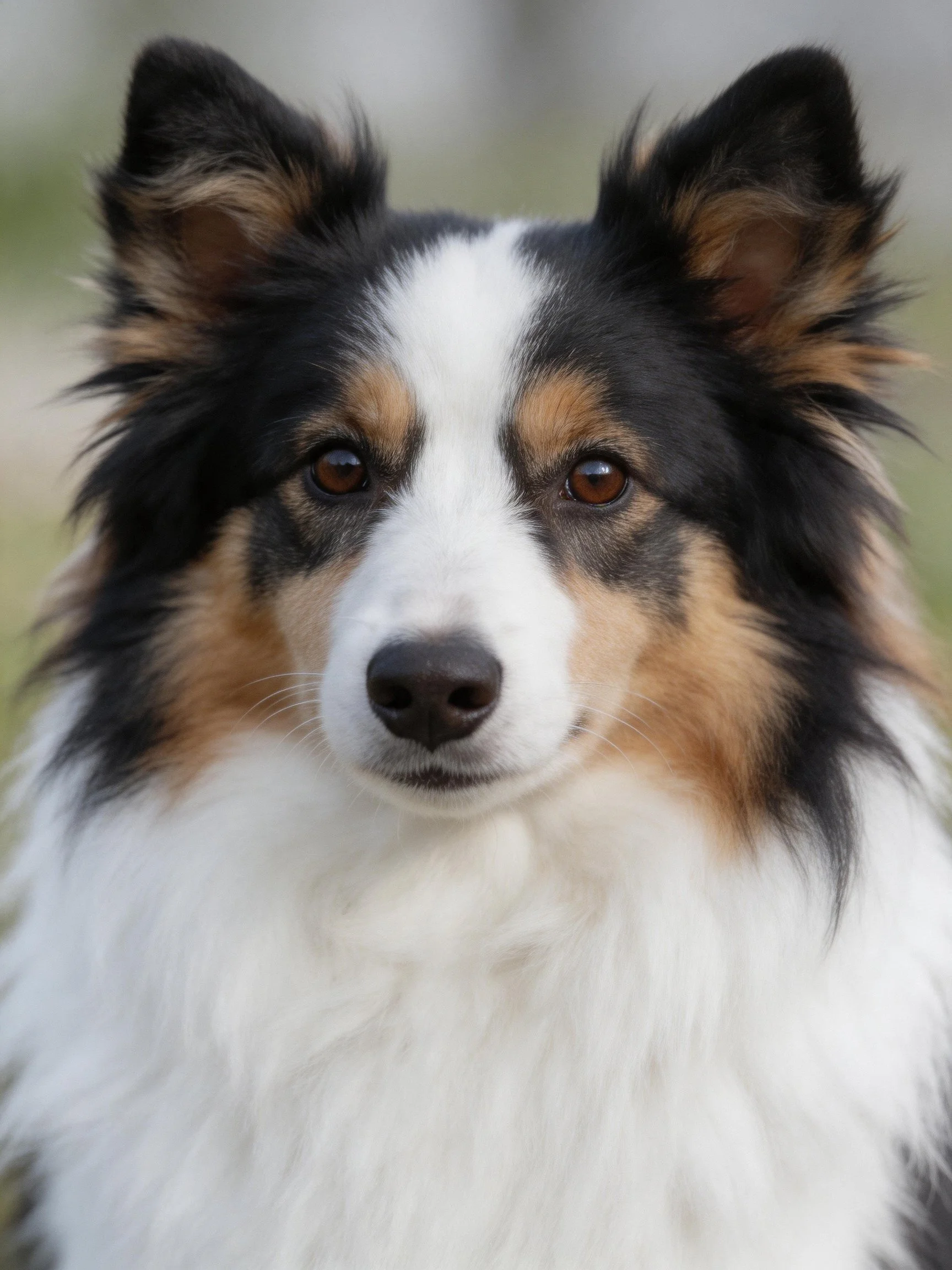 A tricolor Sheltie with black, white, and tan fur