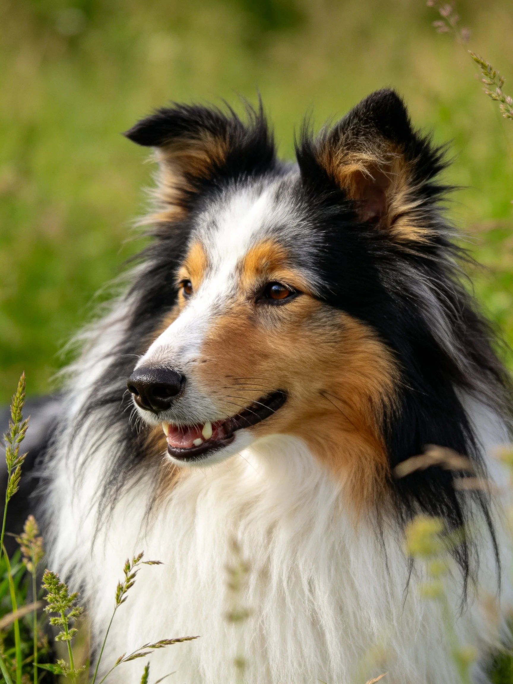 A tricolor Sheltie with long, fluffy fur in a green meadow