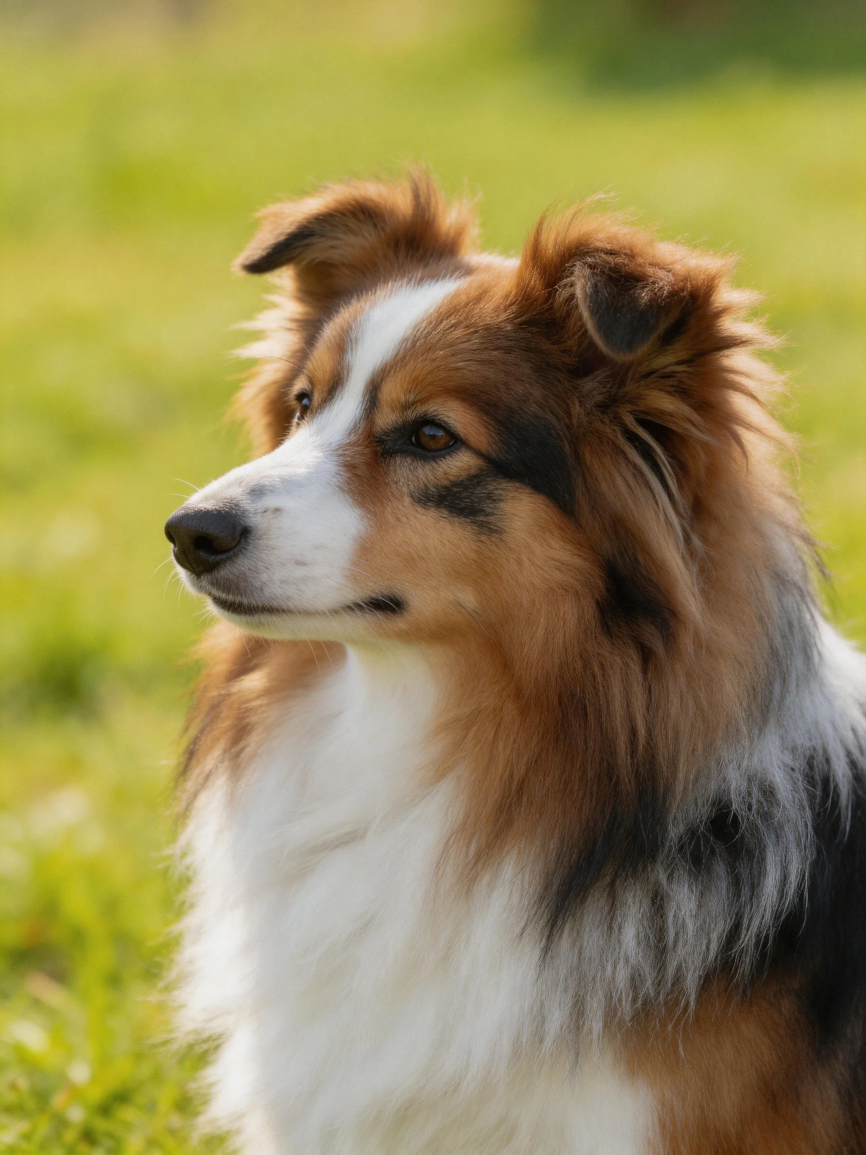 A tricolor Sheltie stands alertly in a grassy outdoor area.