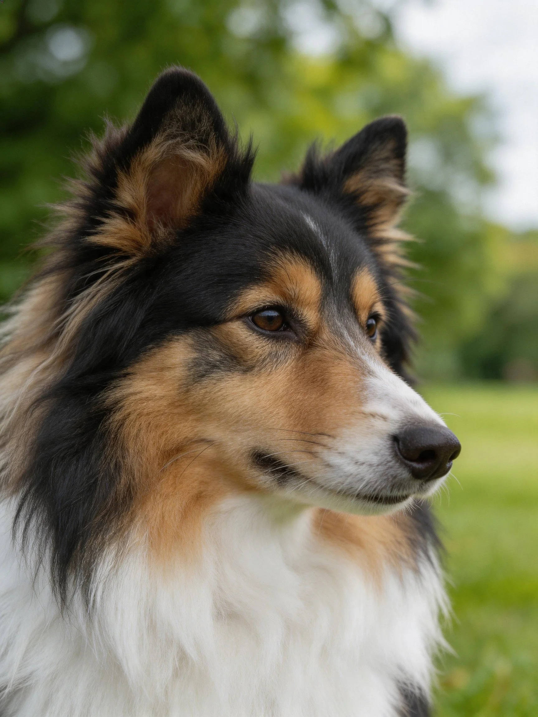 A tricolor Sheltie with long, fluffy fur in a lush green outdoor setting