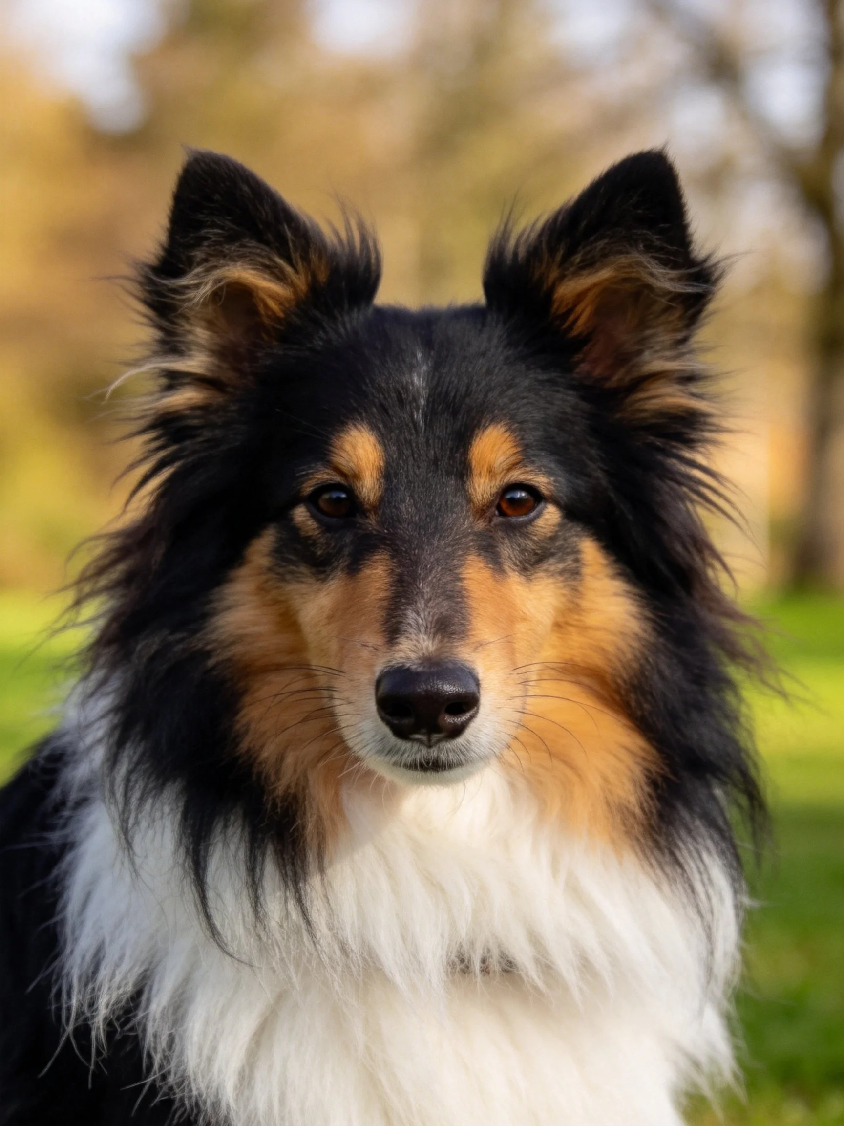 A tricolor Sheltie with long, fluffy fur in an outdoor setting