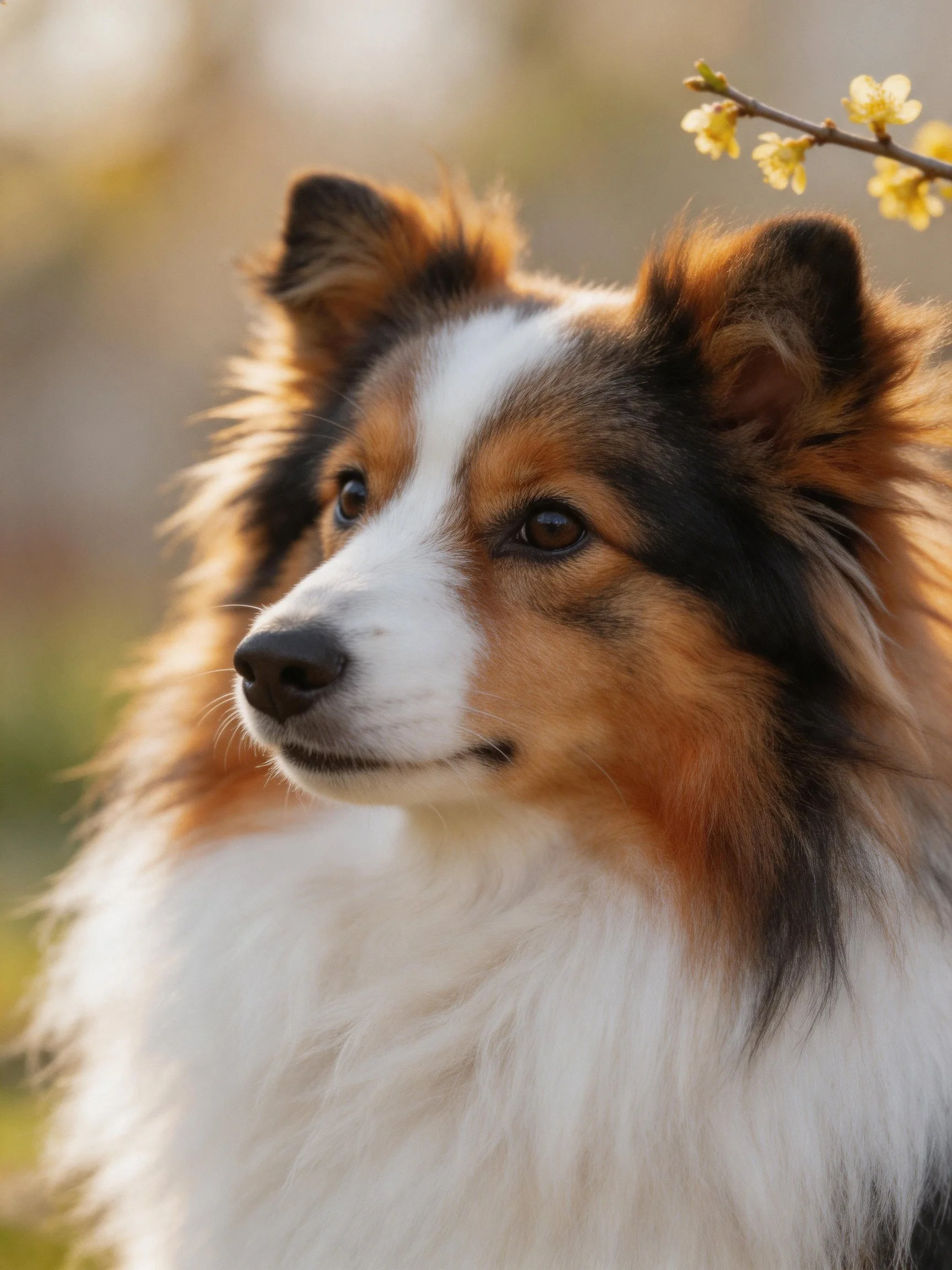A tricolor Sheltie with long, fluffy fur near yellow flowers