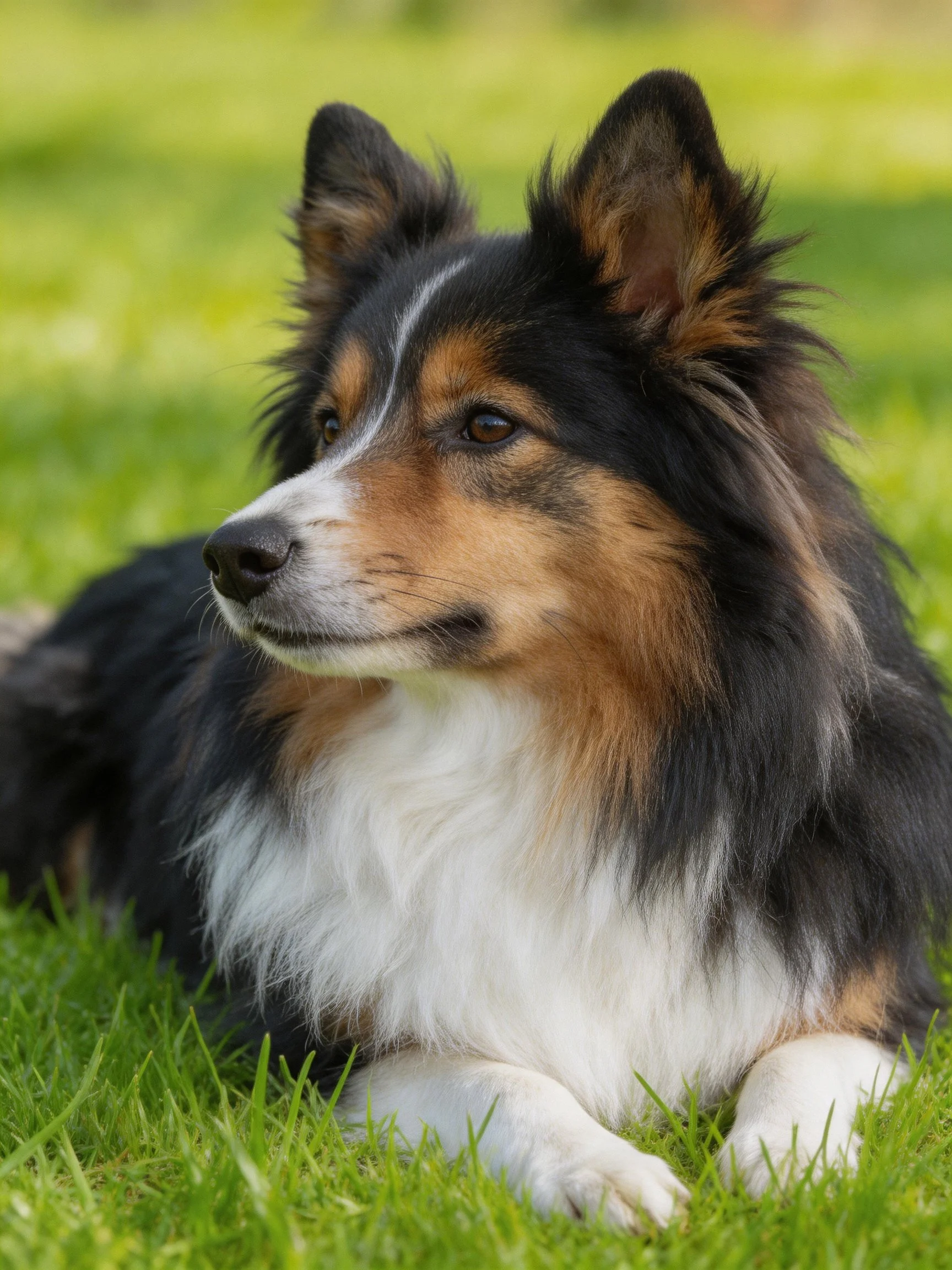 A tricolor Shetland Sheepdog lies onlush green grass