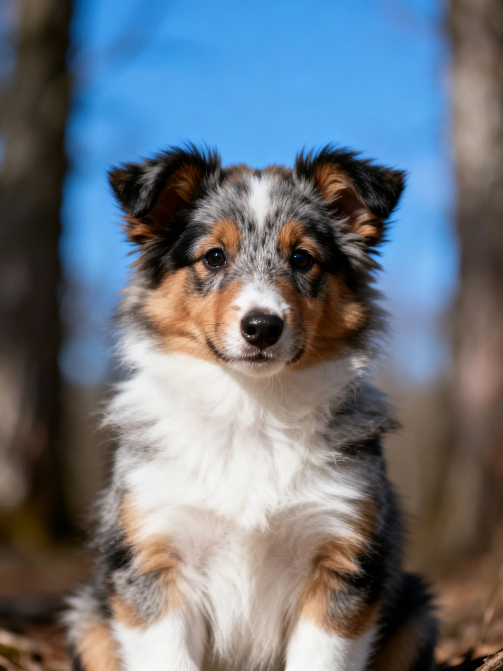 A tricolor Shetland Sheepdog puppy sitting outdoors among trees