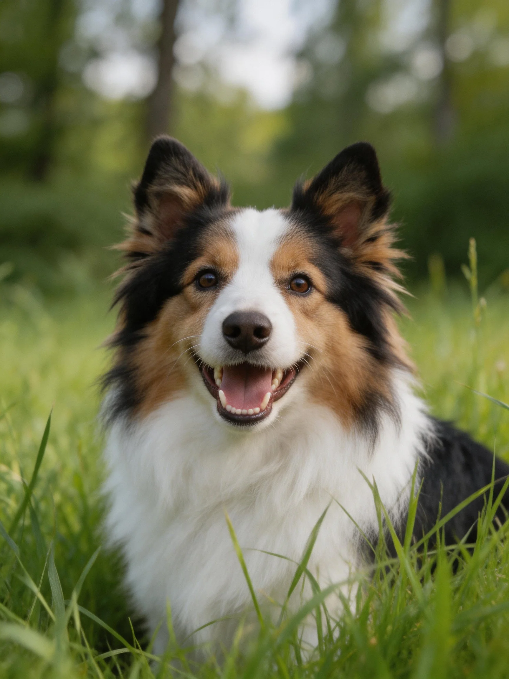 A tricolor Shetland Sheepdog rests in bright green grass