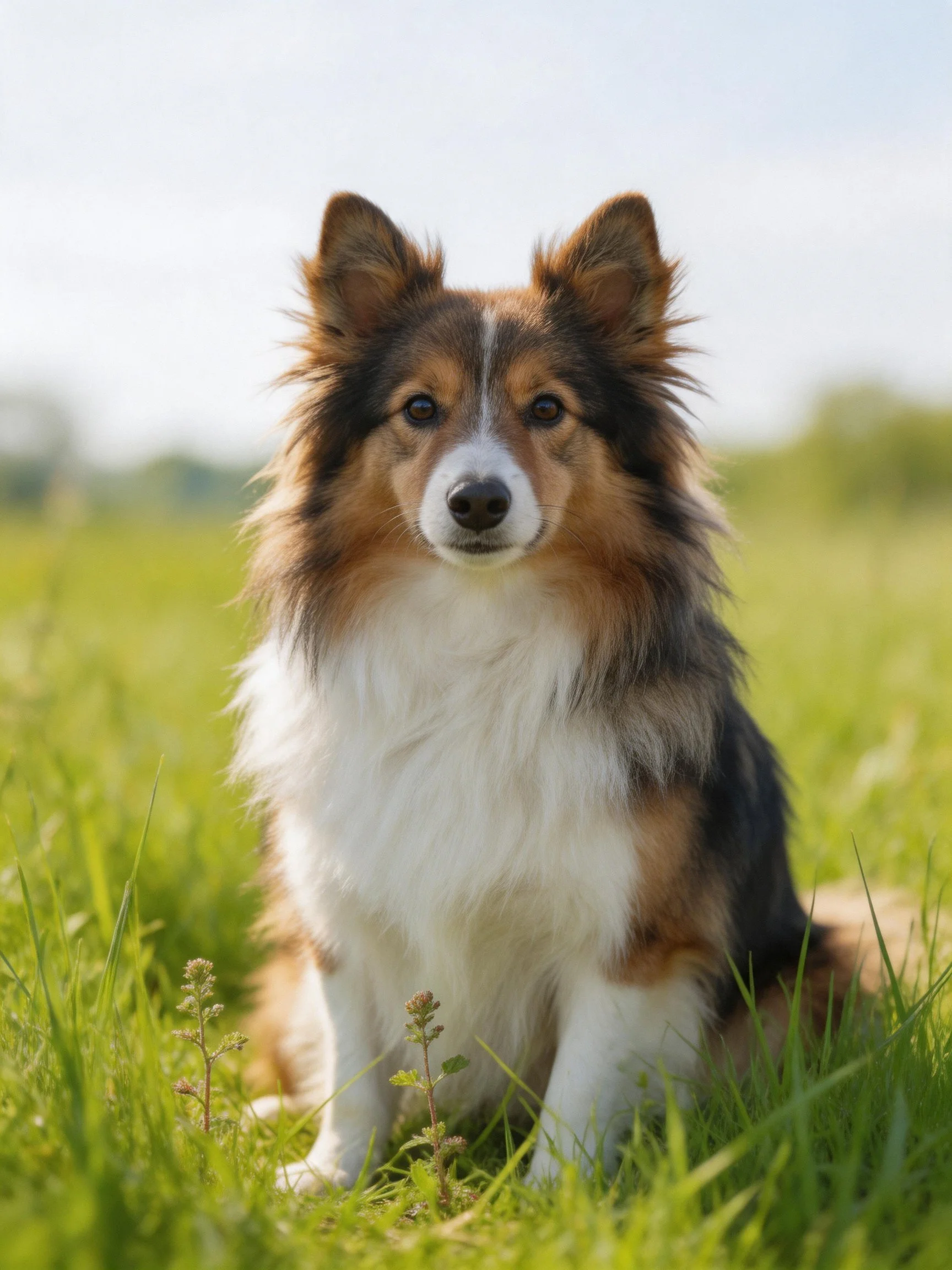 A tricolor Shetland Sheepdog sits in a sunlit grassy field