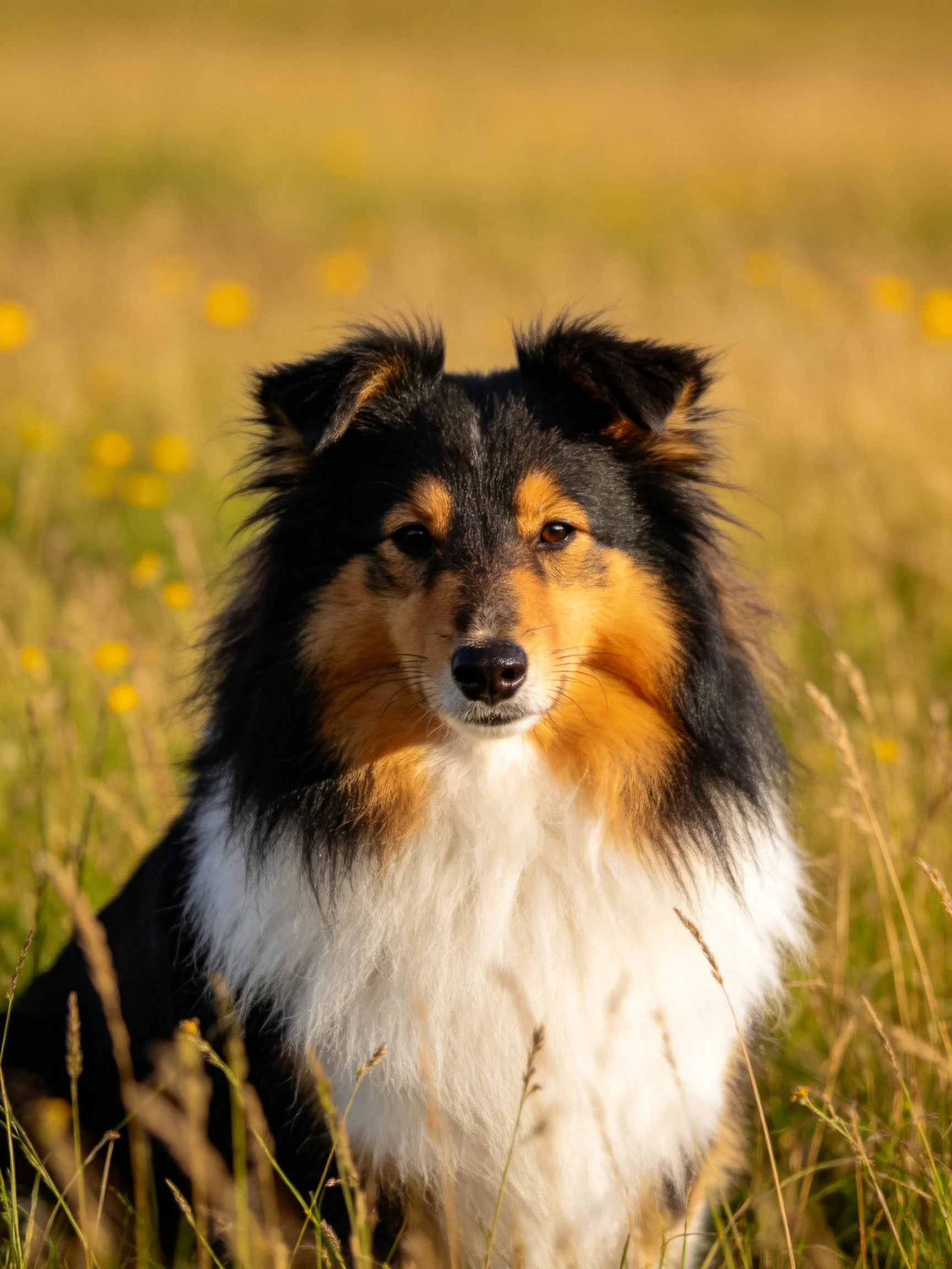 A tricolor Shetland Sheepdog sits in a sunlit meadow with tall grass