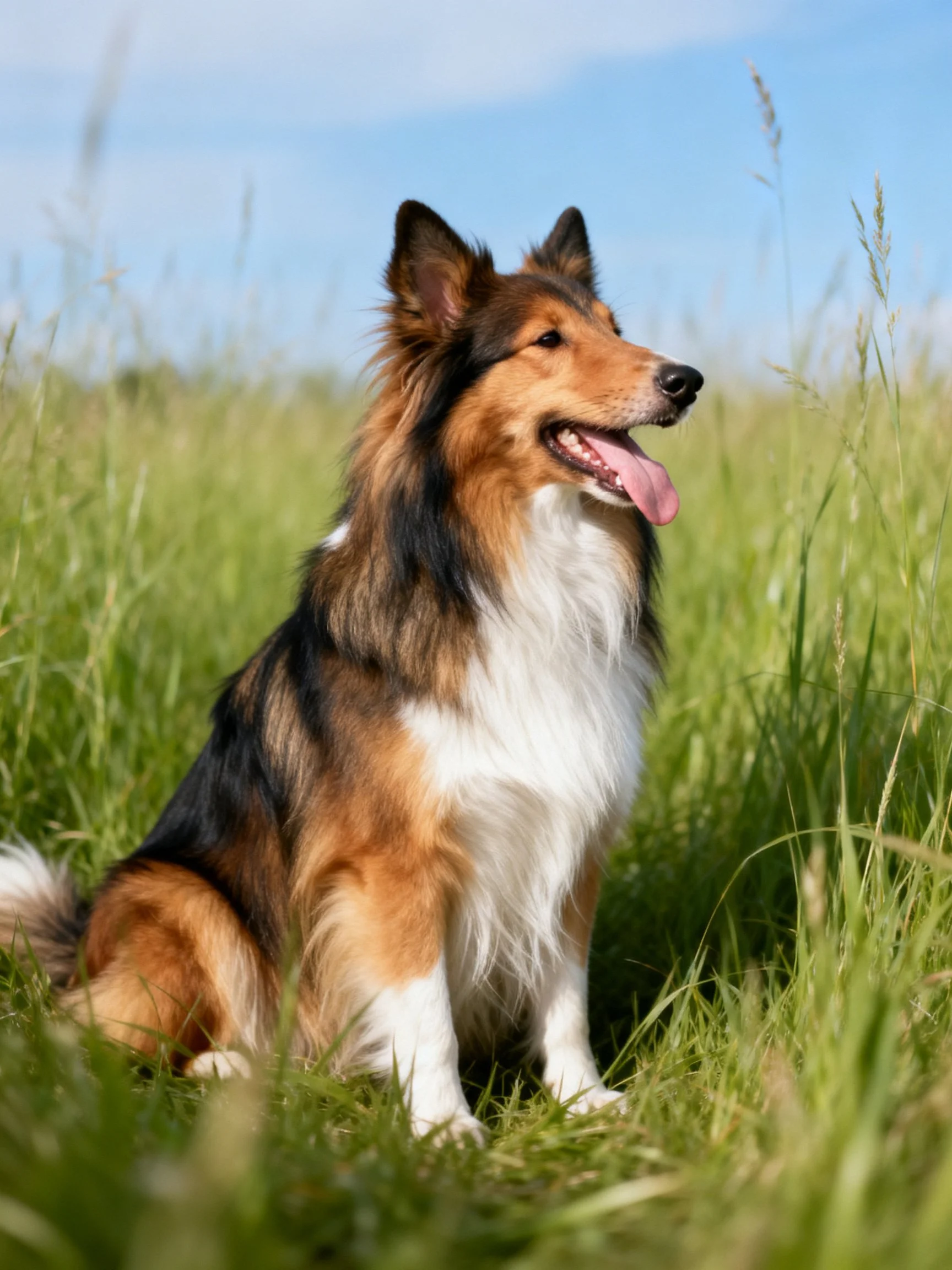 A tricolor Shetland Sheepdog sits in tall green grass