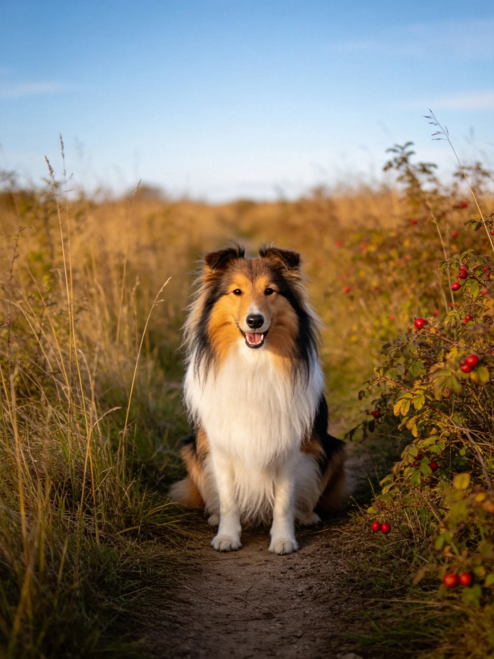 A tricolor Shetland Sheepdog sits on a dirt path between golden grasses and red berry bushes
