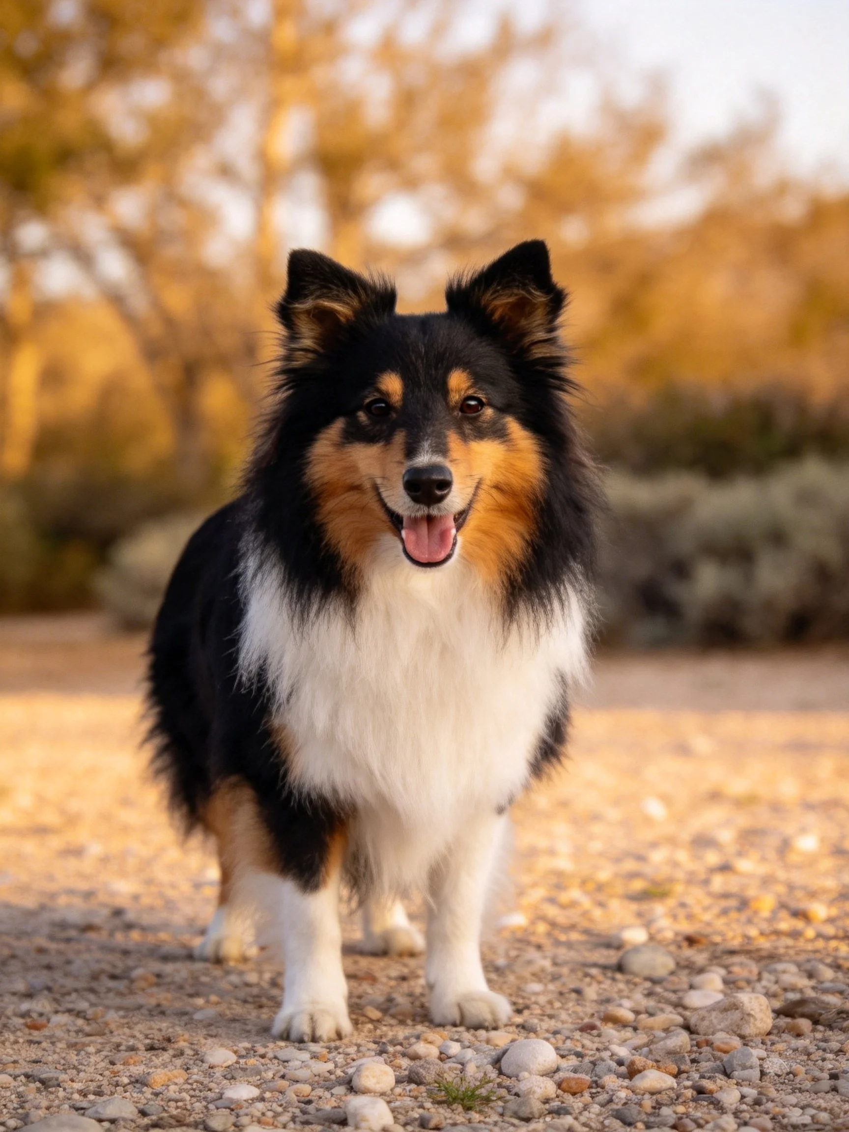 A tricolor Shetland Sheepdog stands on gravel near golden foliage