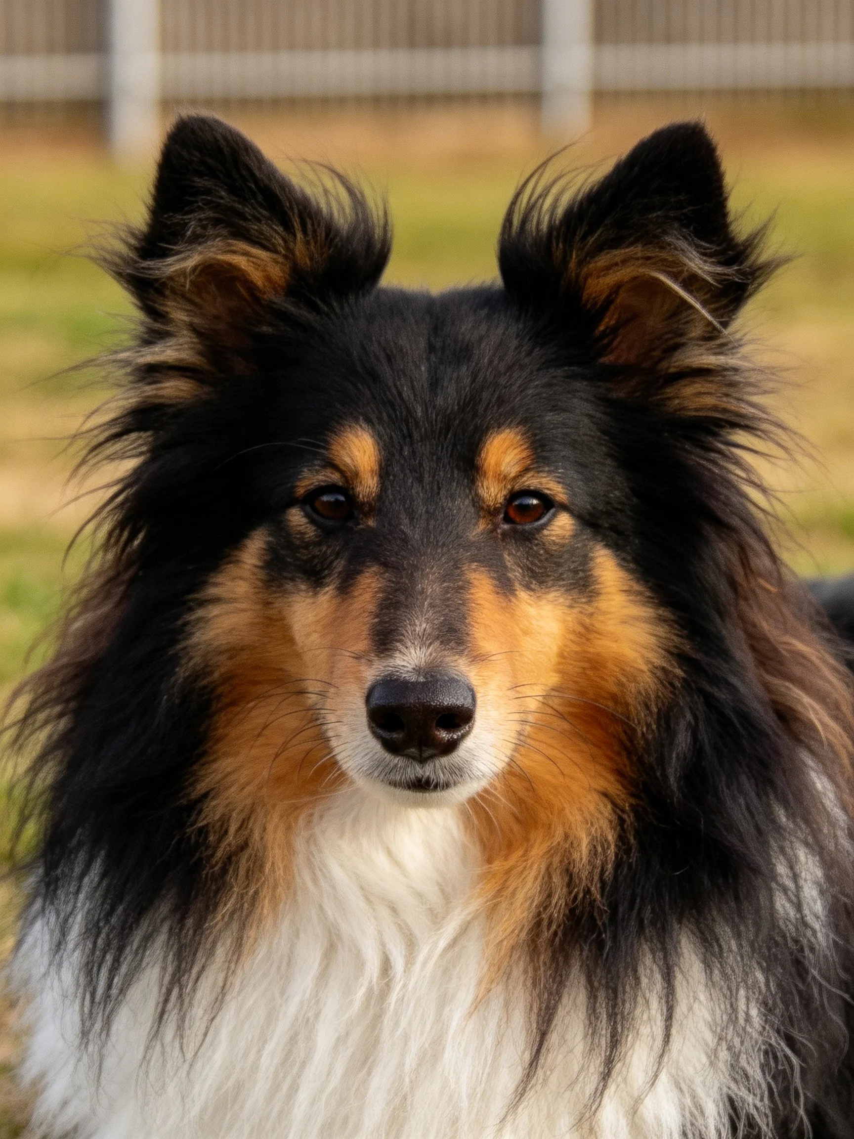 A tricolor Shetland Sheepdog with black, tan, and white fur