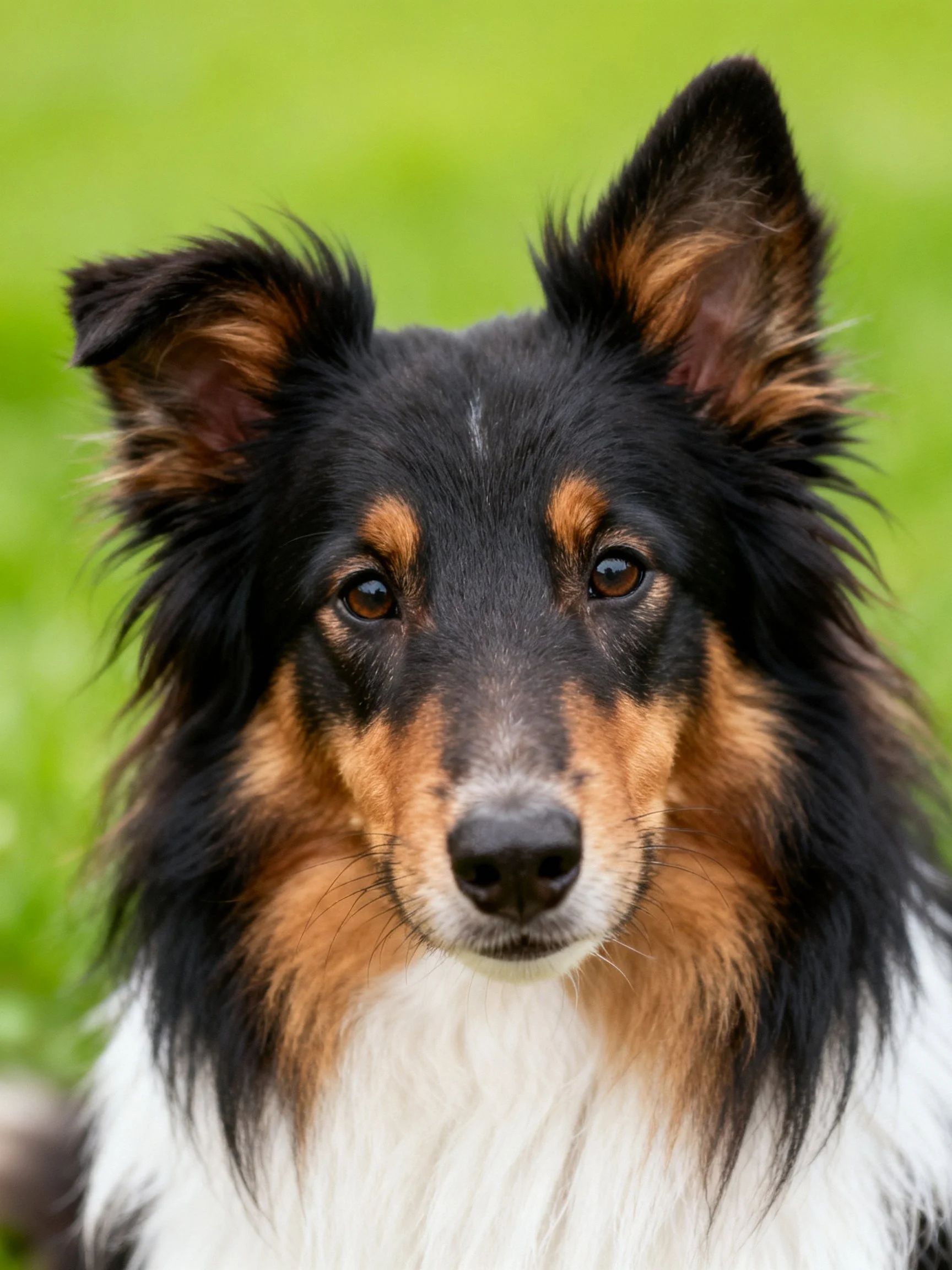 A close - up of a tricolor Shetland Sheepdog with attentive eyes