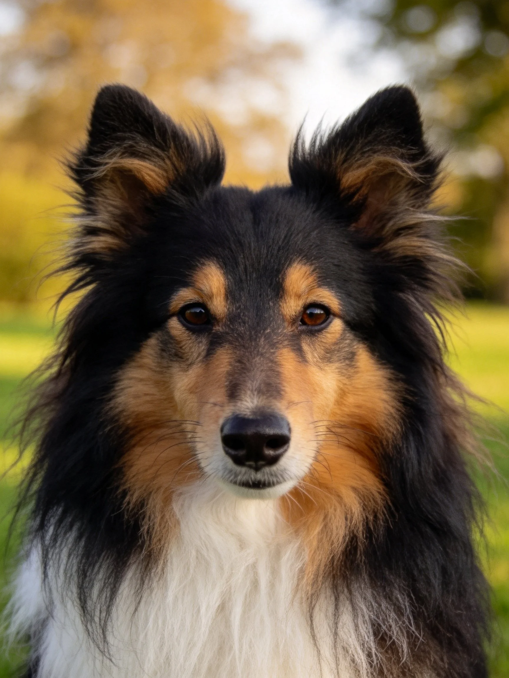 A tricolor Shetland Sheepdog with dark, tan, and white fur