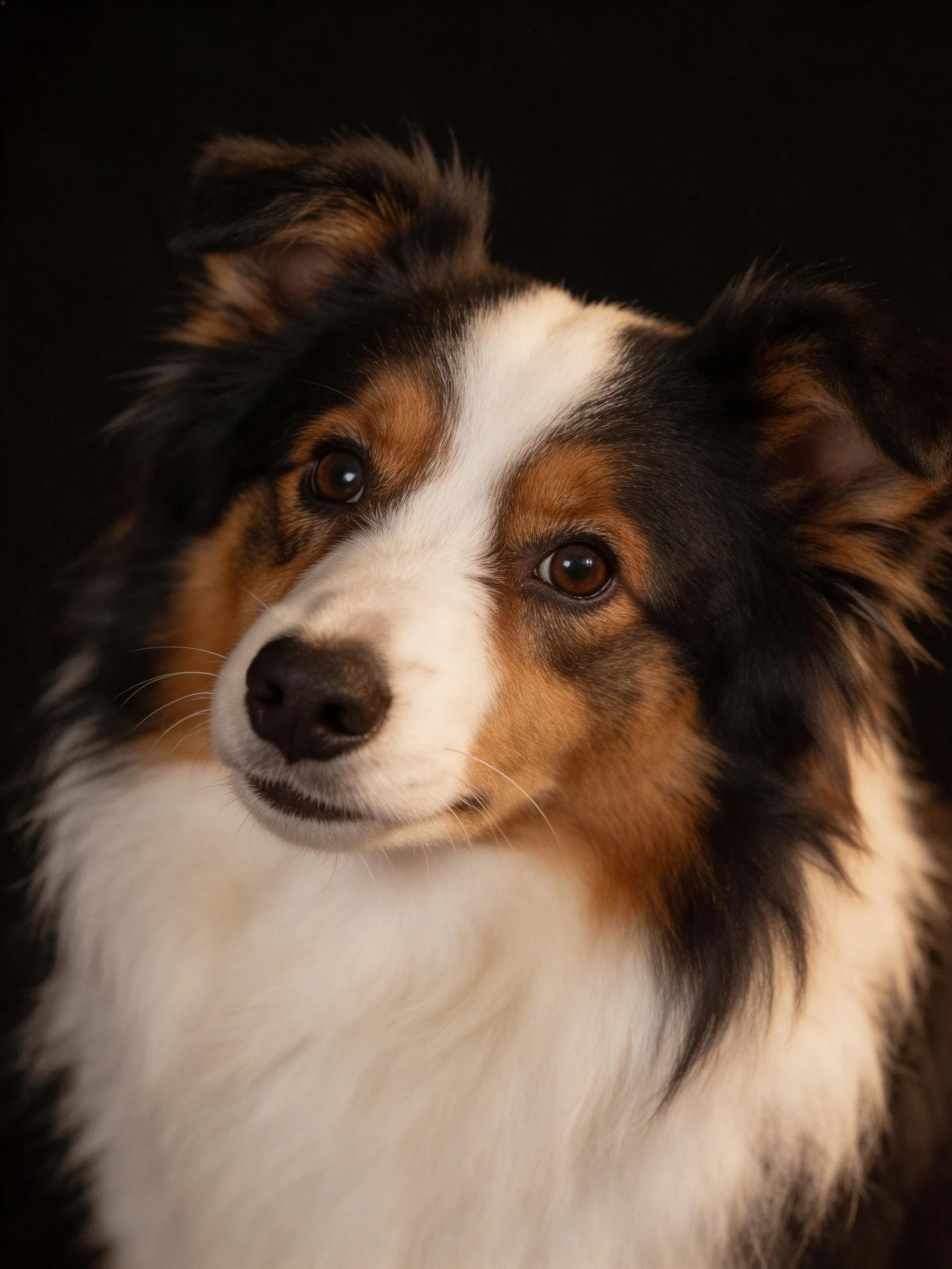 A tricolor Shetland Sheepdog with fluffy fur and expressive eyes
