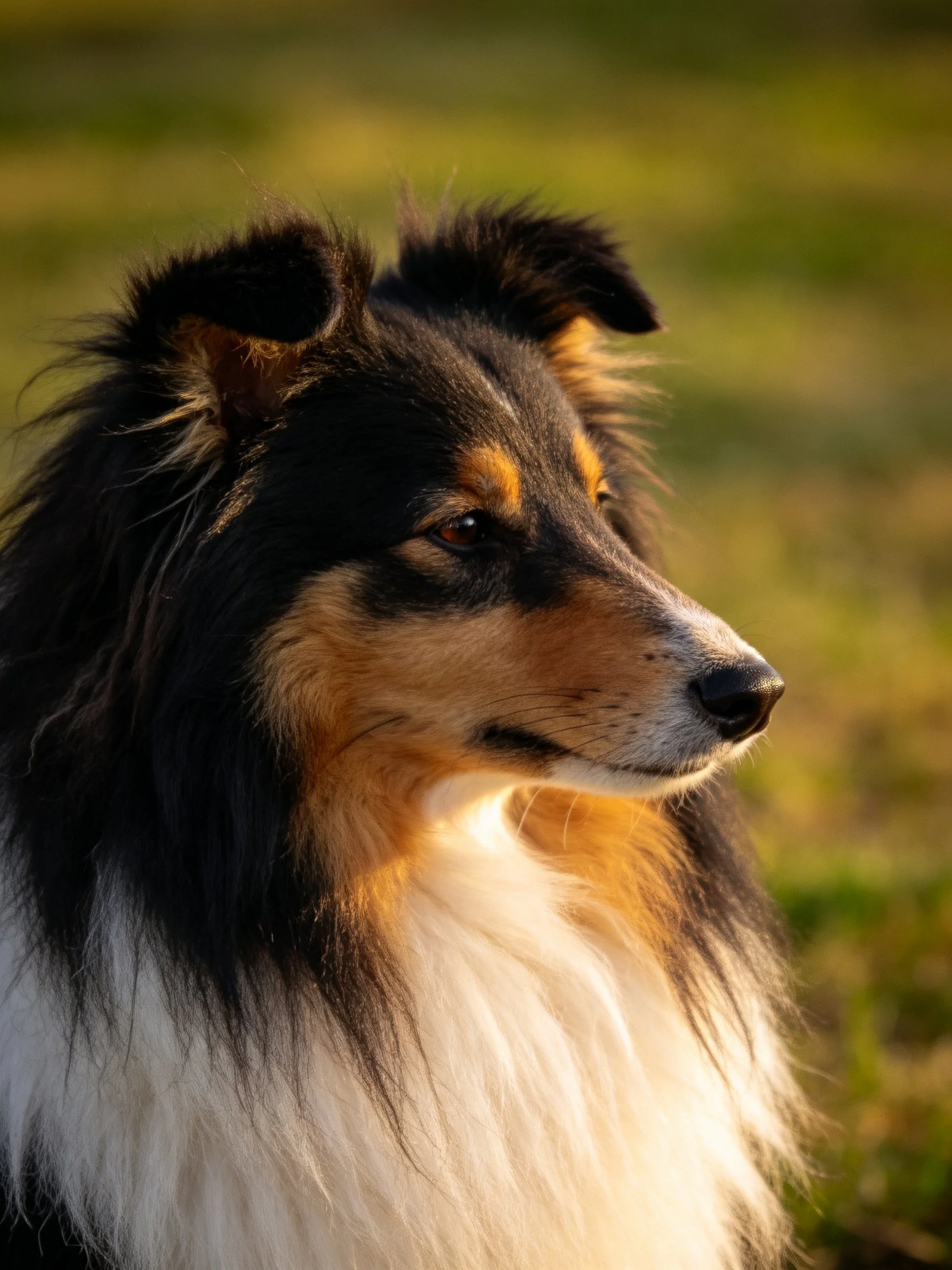 A tricolor Shetland Sheepdog with long dark and light fur