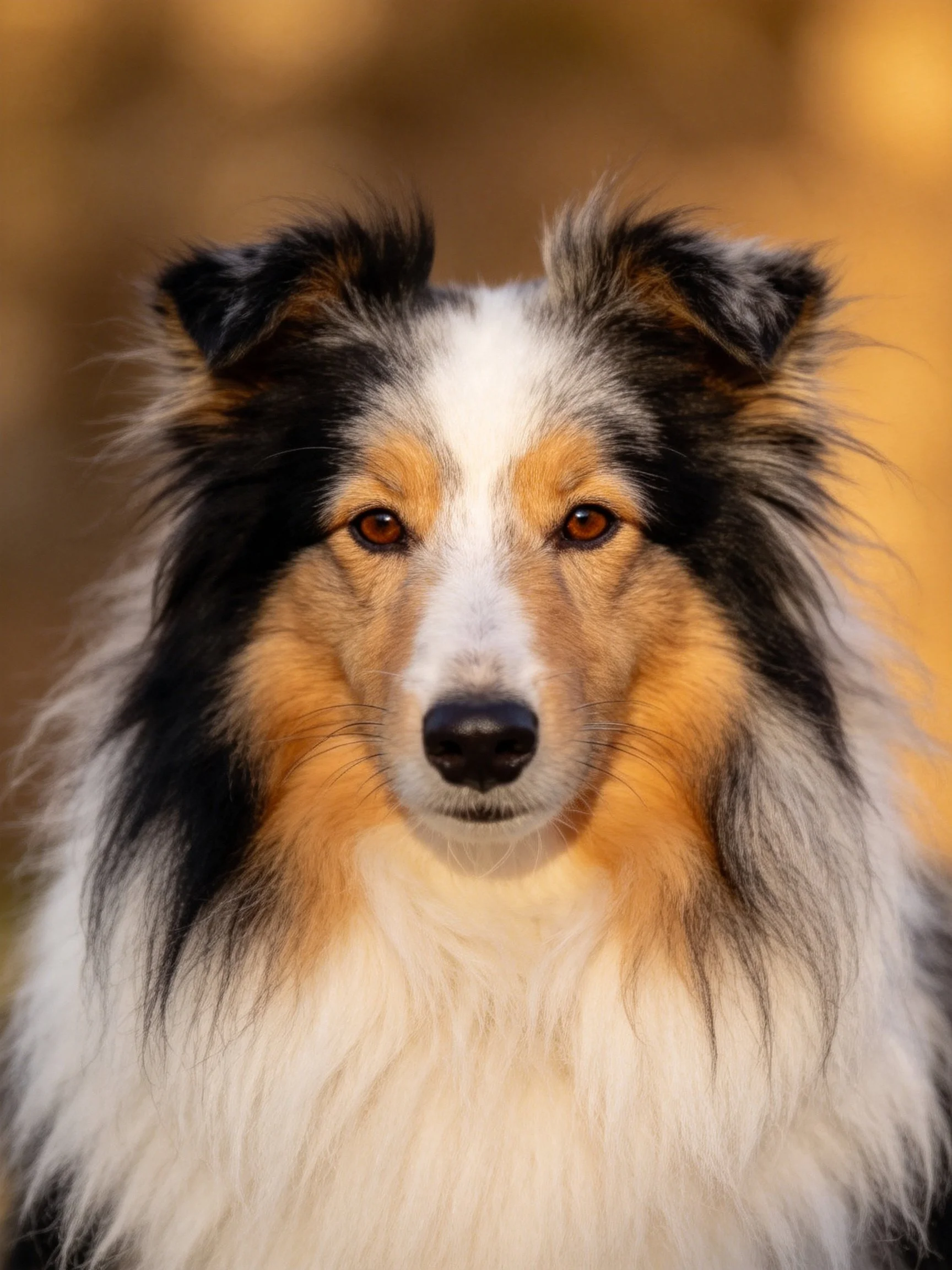 A tricolor Shetland Sheepdog with long, fluffy fur