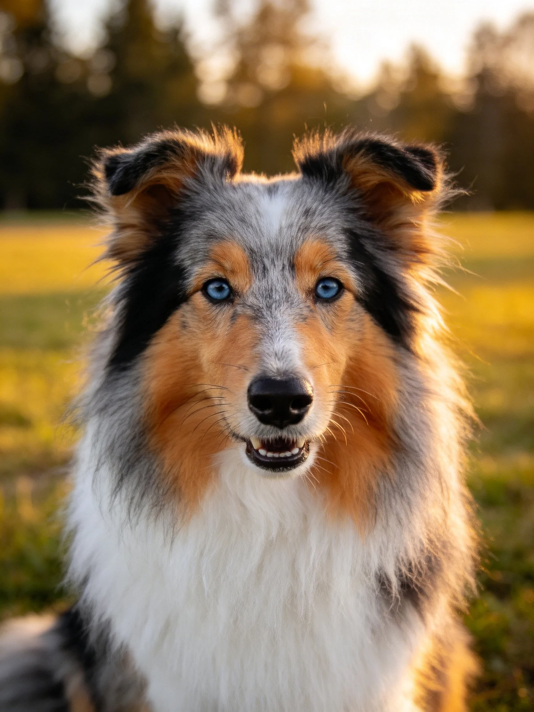 A tricolor Shetland Sheepdog with striking blue eyes in a sunlit landscape