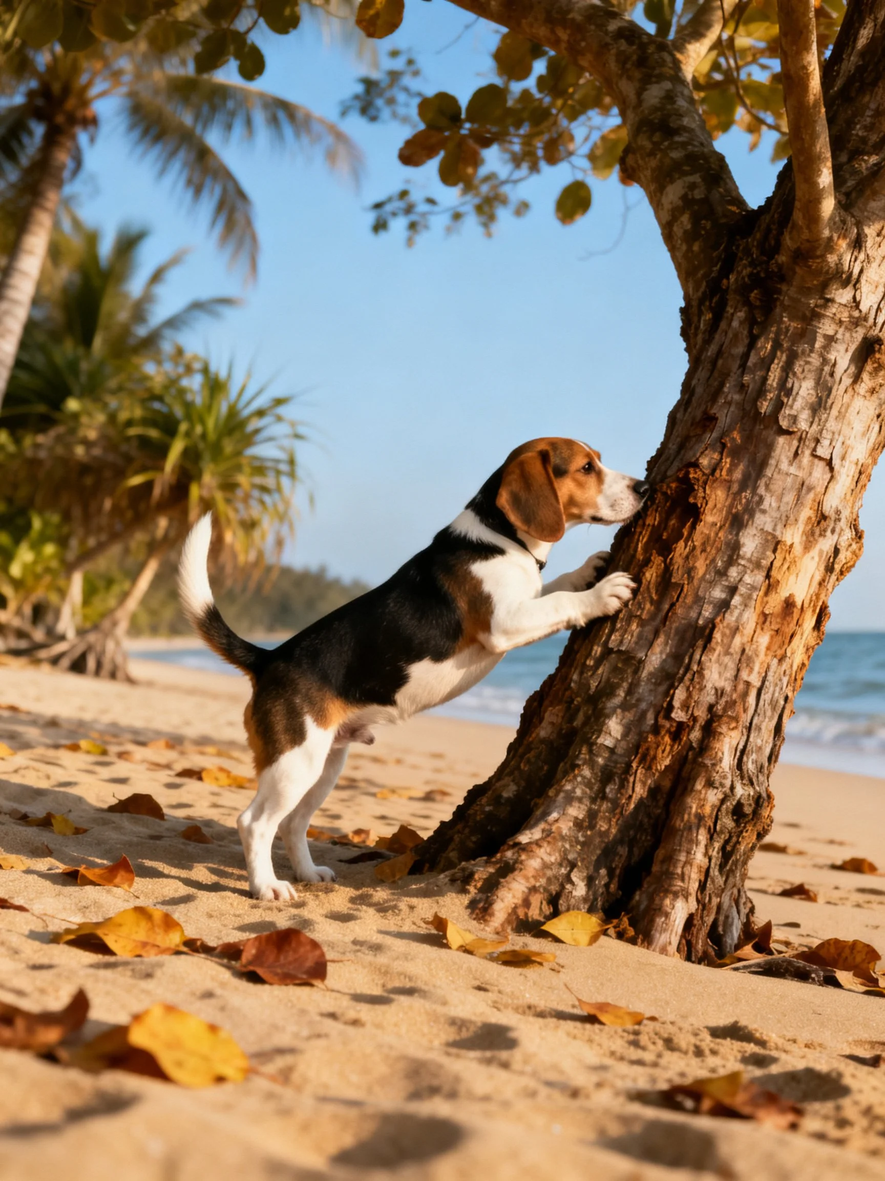 A tricolor beagle investigates a gnarled tree trunk on a sandy shore with fallen leaves