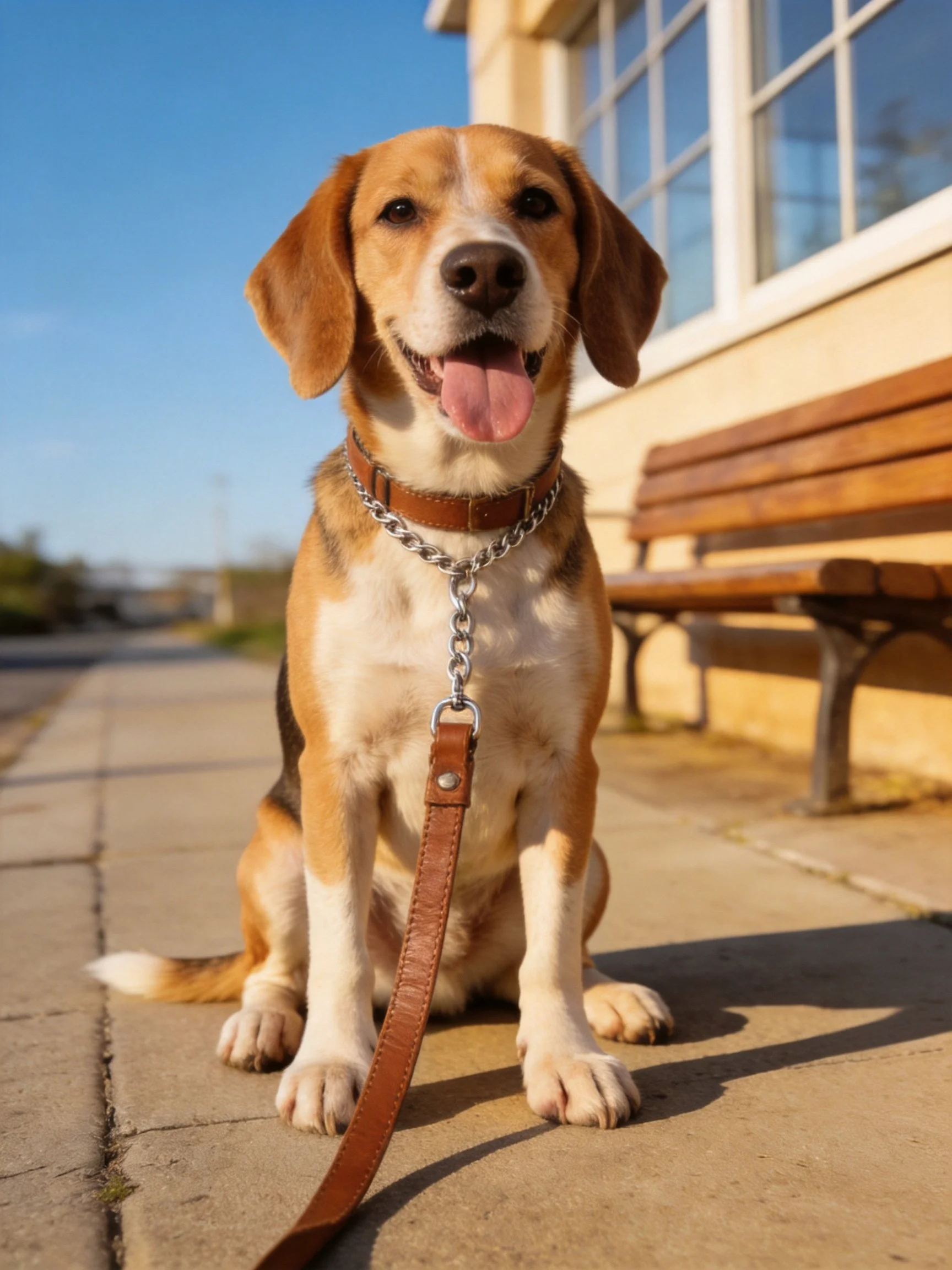 A tricolor beagle mix sits calmly on a sunny sidewalk next to a wooden bench.