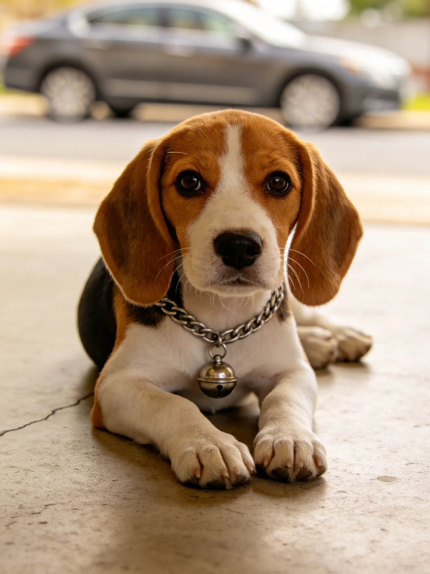 A tricolor beagle puppy rests on concrete with a gray car in the background.