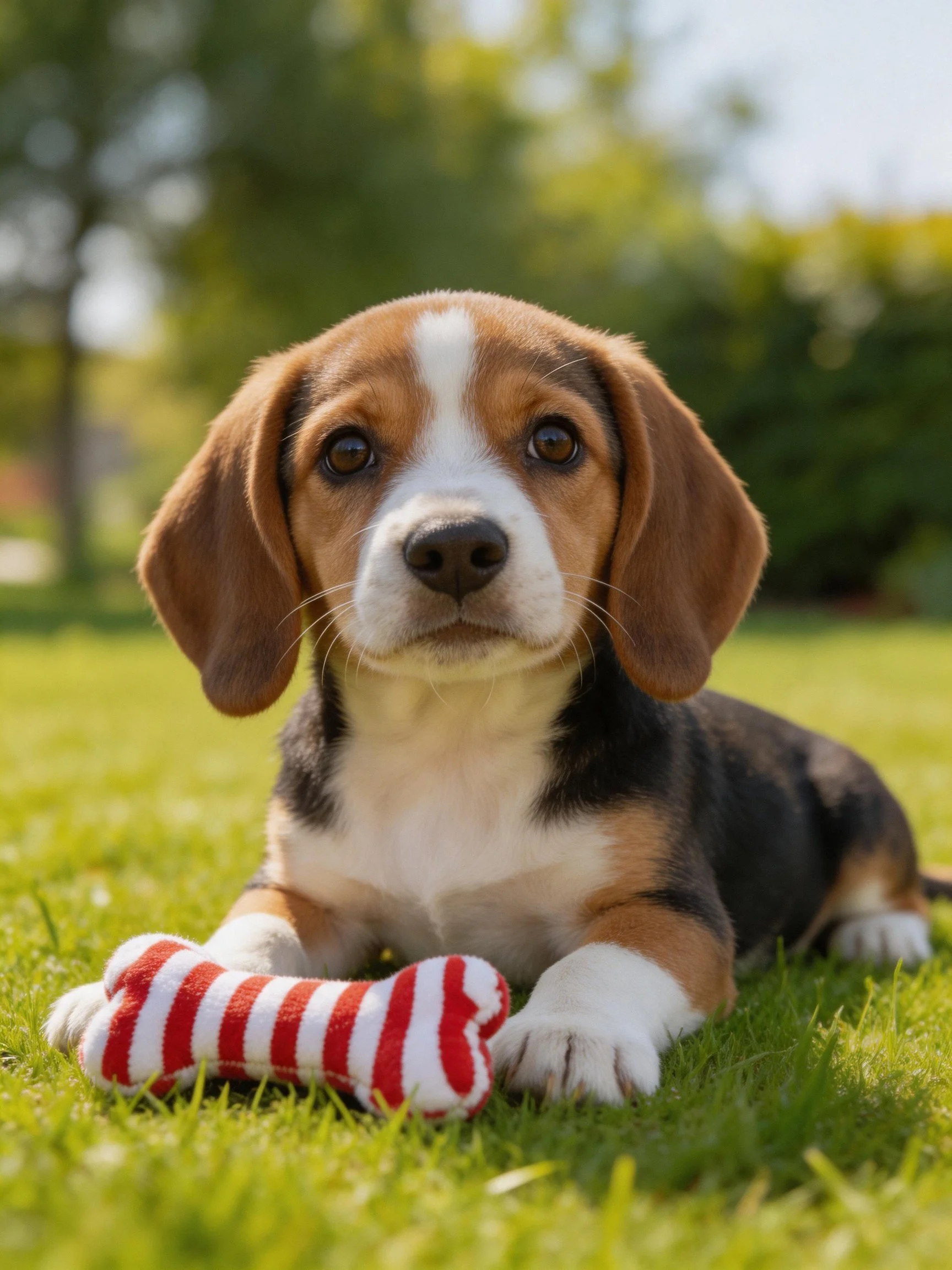 A tricolor beagle puppy rests on green grass with a red-white stuffed bone