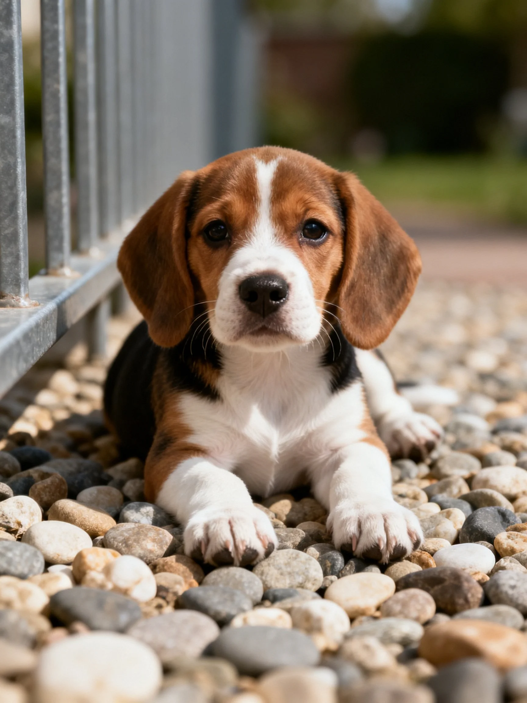 A tricolor beagle puppy lies calmly on pebbles next to a metal fence.