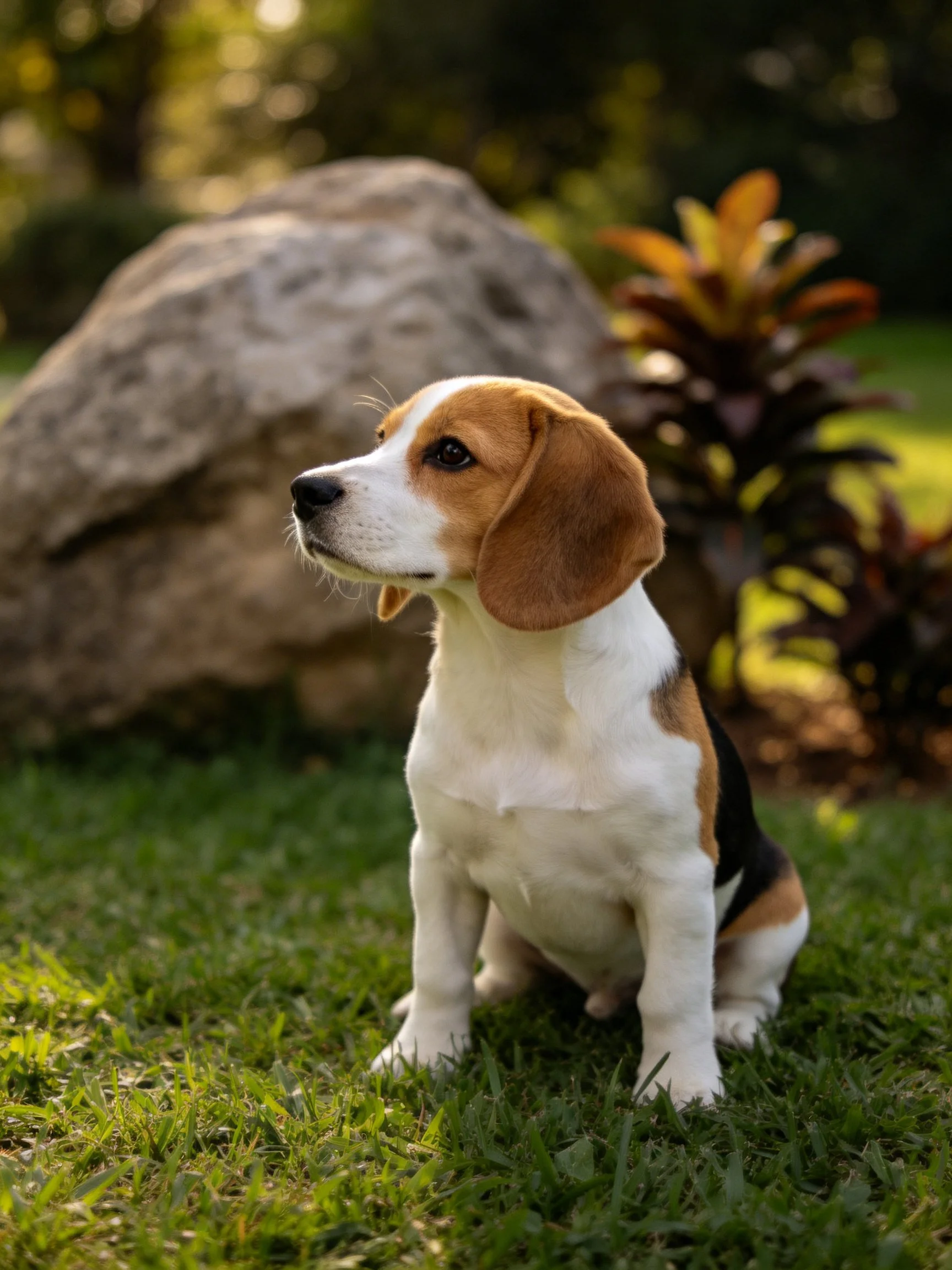 A tricolor beagle puppy sits calmly on grass next to a large rock in a sunlit garden.
