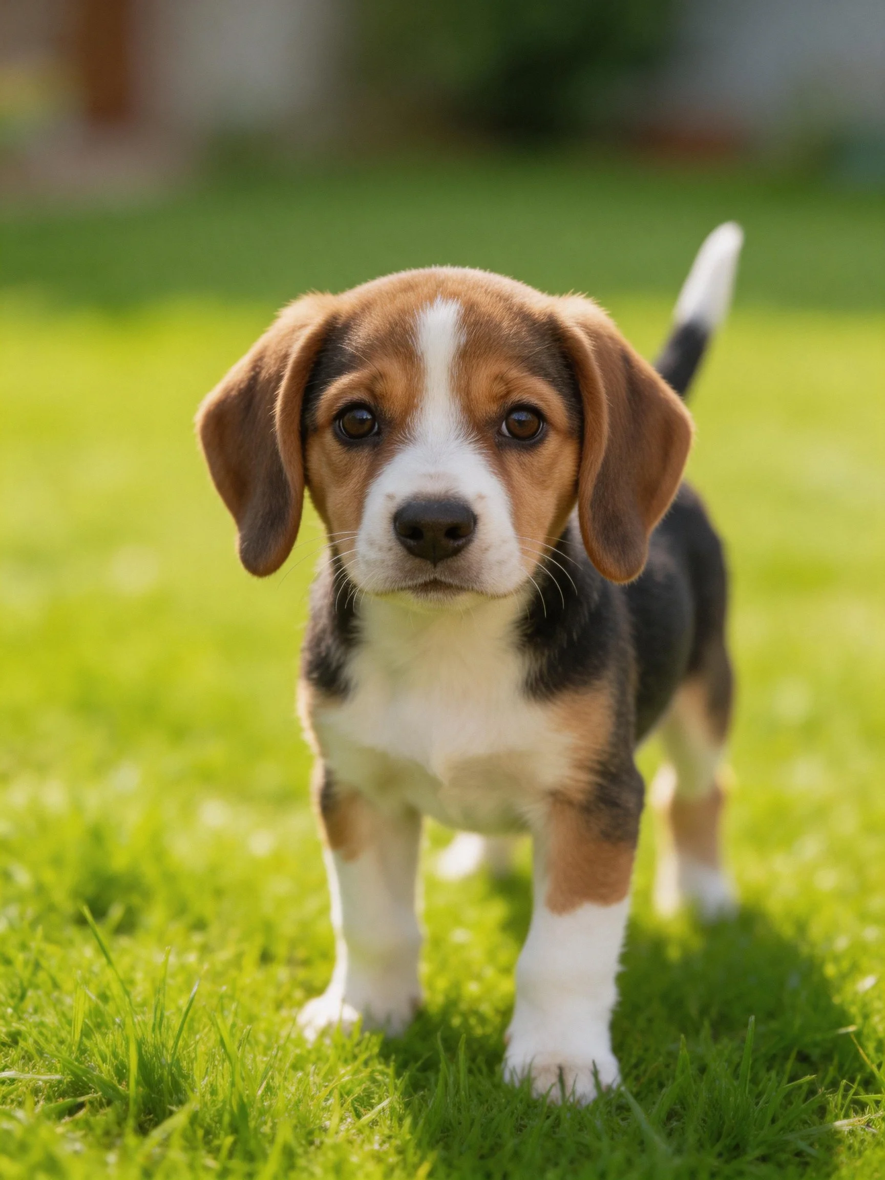 A tricolor beagle puppy stands on green grass in a sunny outdoor setting.