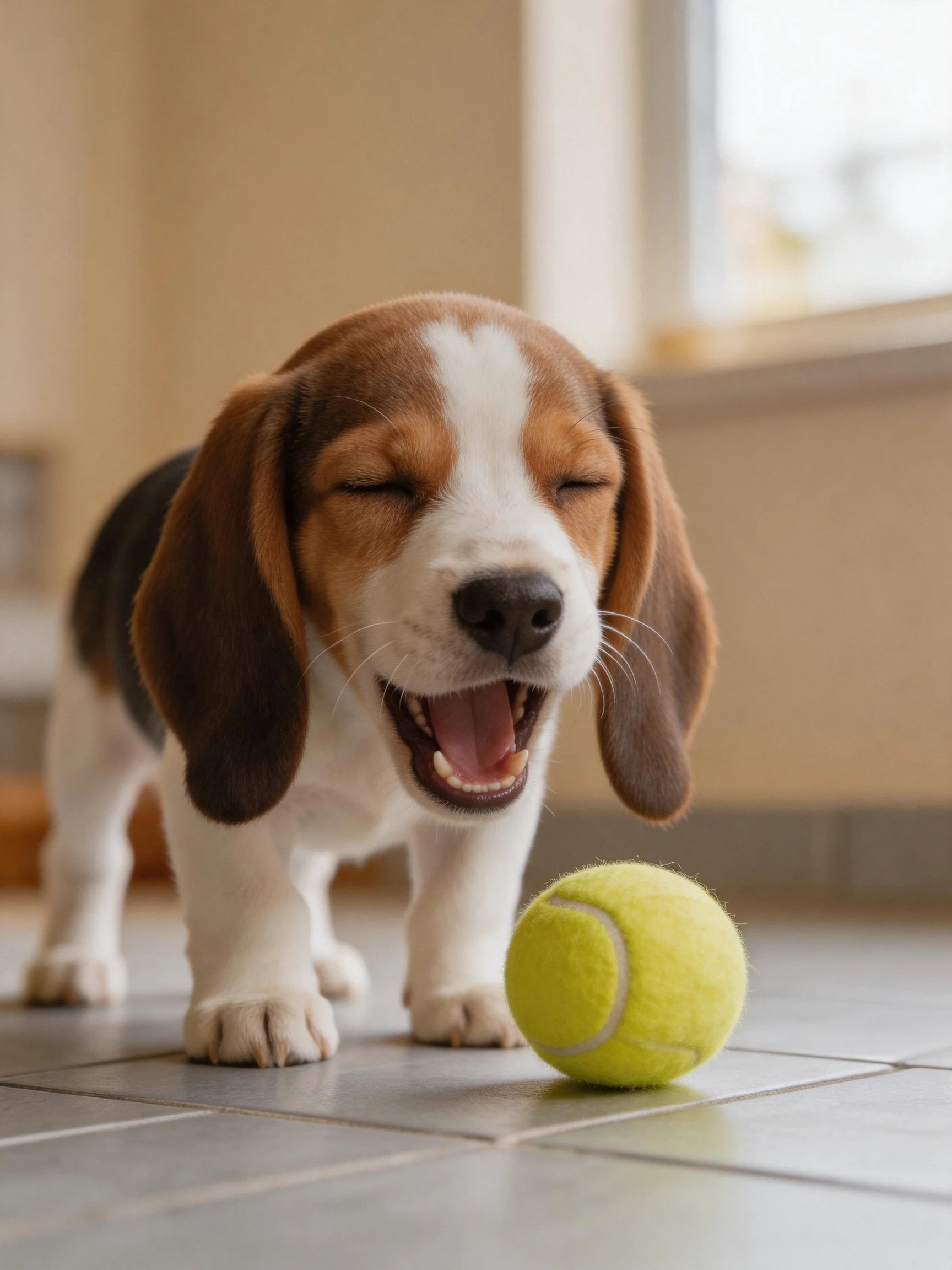 A tricolor beagle puppy happily interacts with a bright yellow tennis ball inside a home.